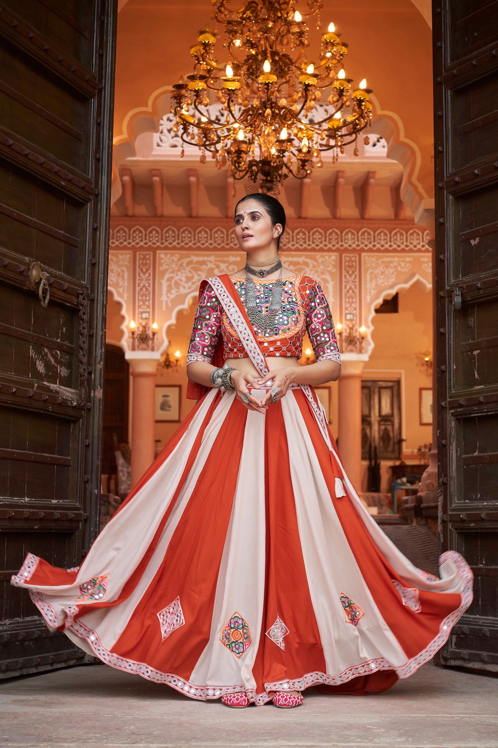 Navratri special Red with Cream coloured Lehenga