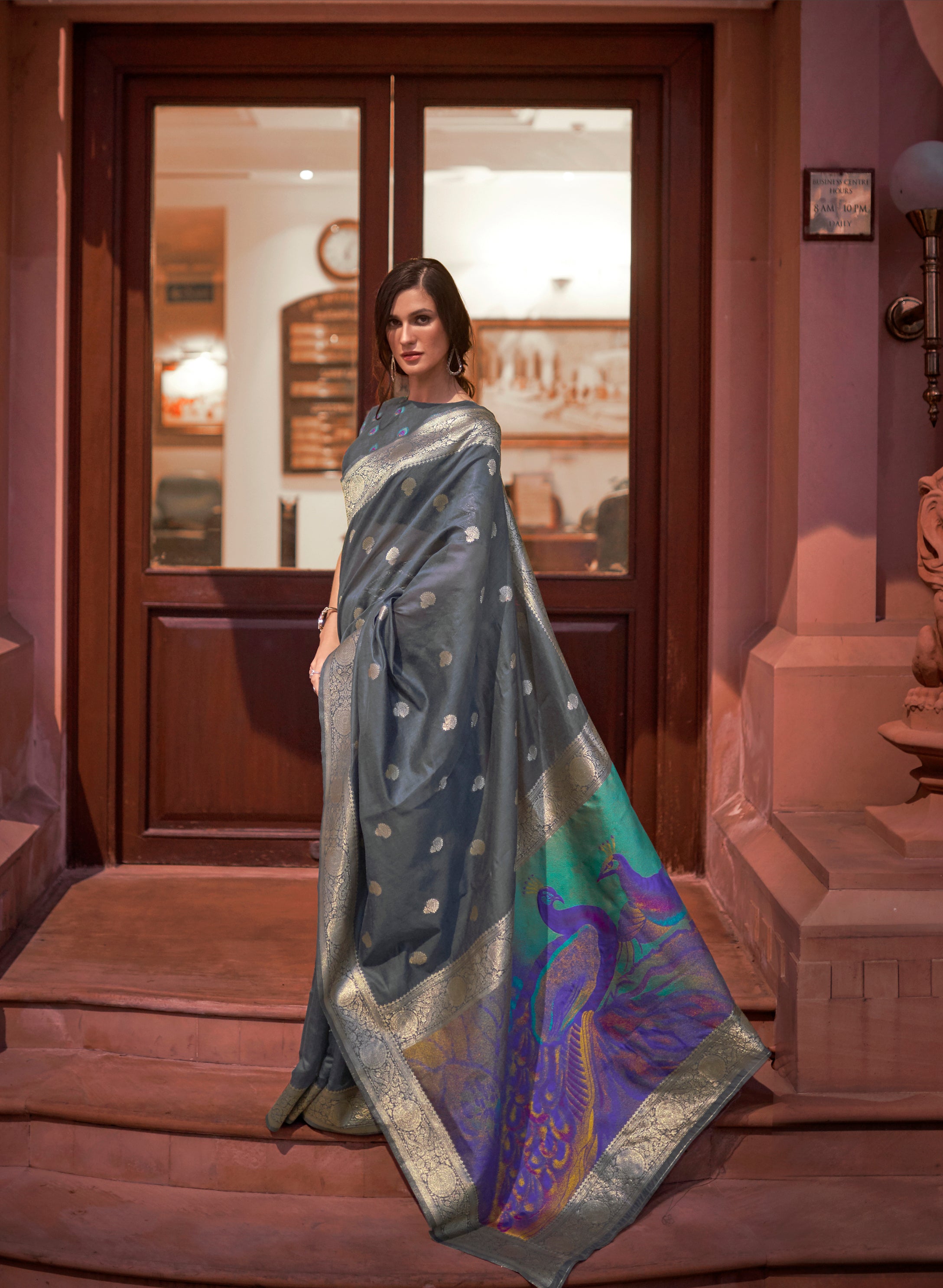 Elegant Grey Zari Woven Banarasi Silk Saree with Peacock Pallu