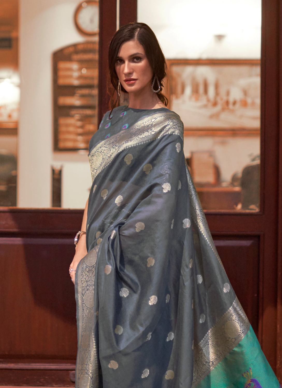 Elegant Grey Zari Woven Banarasi Silk Saree with Peacock Pallu