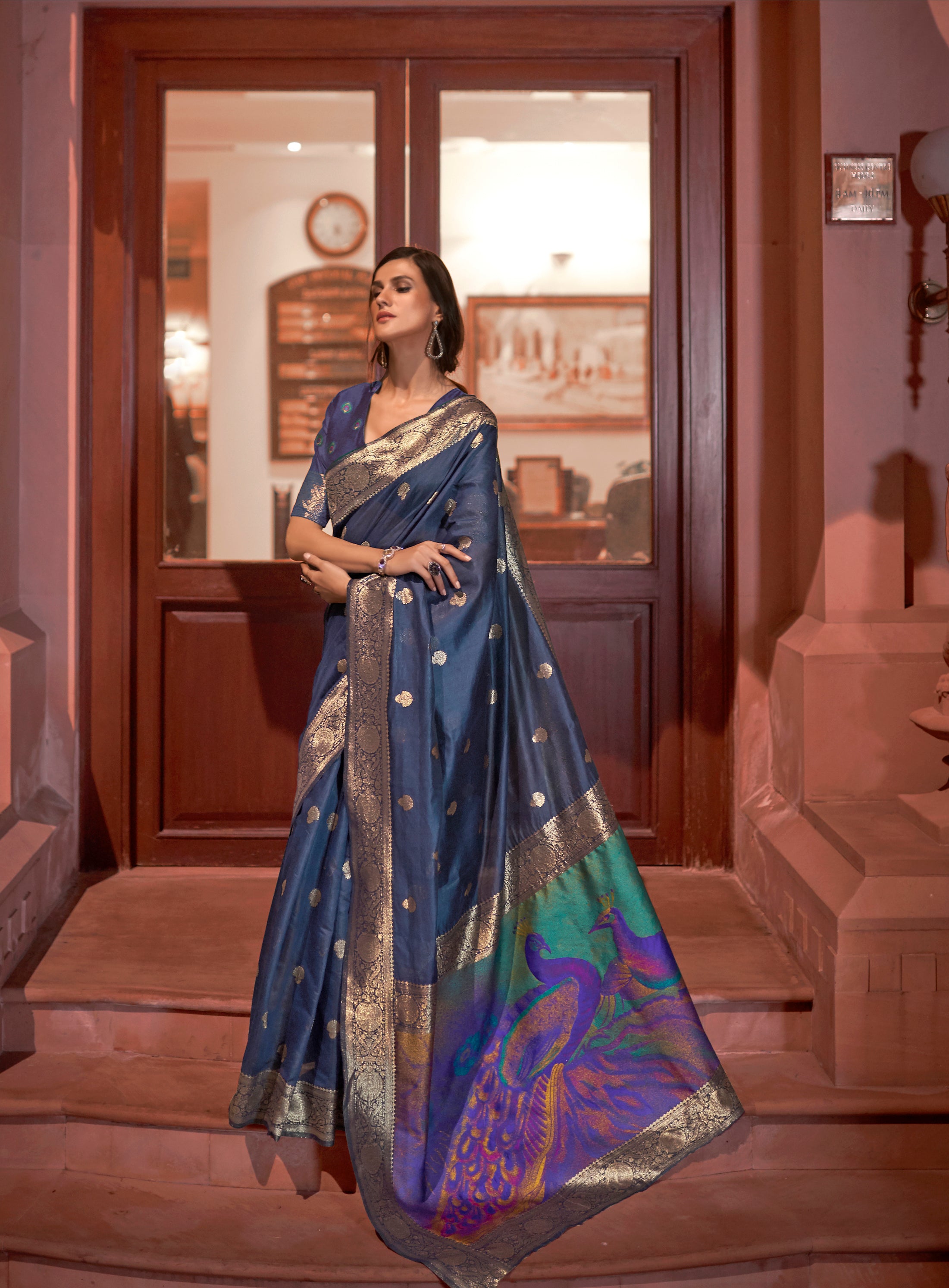 Exquisite Navy Blue Zari Woven Banarasi Silk Saree with Peacock Pallu