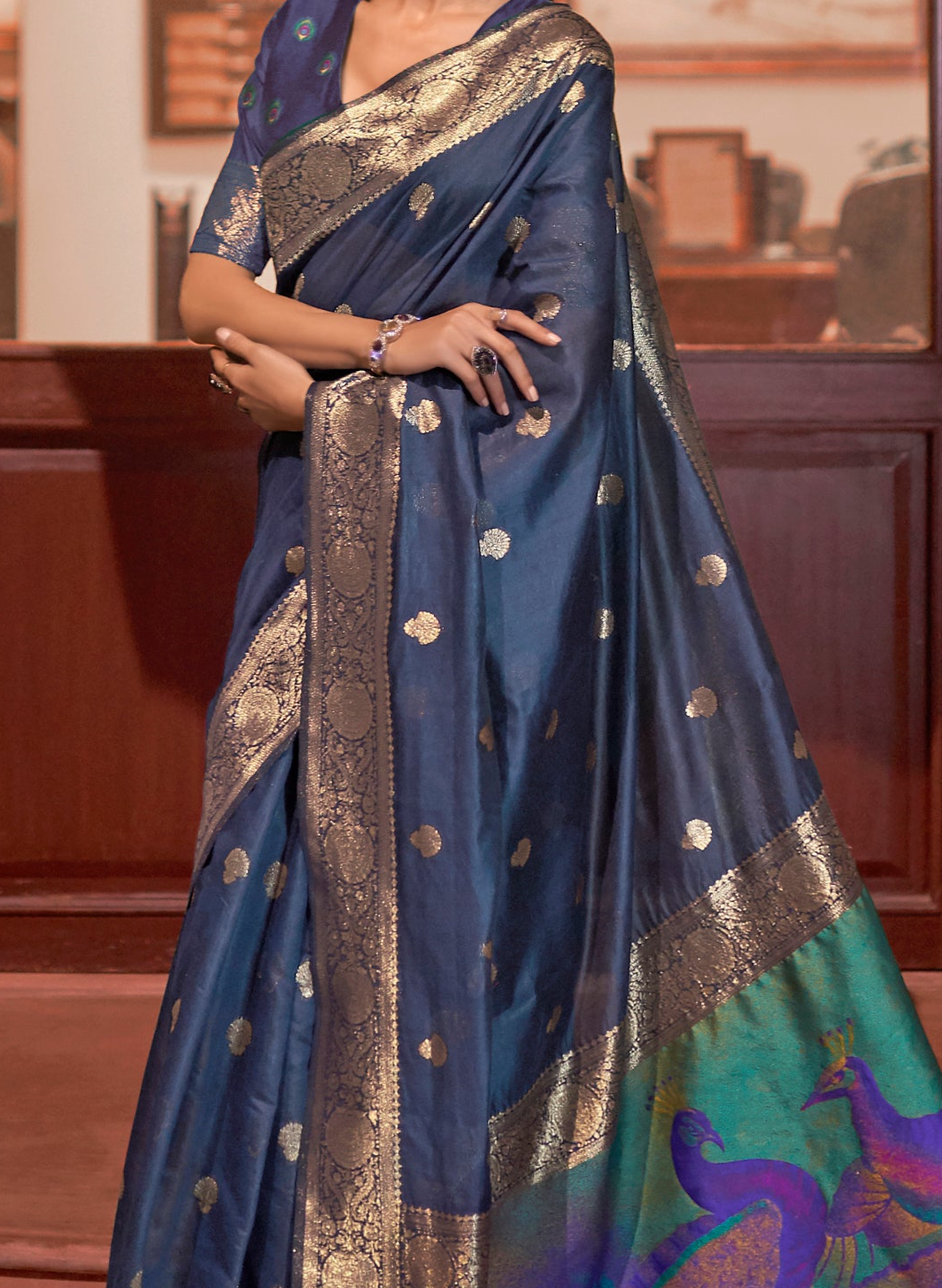 Exquisite Navy Blue Zari Woven Banarasi Silk Saree with Peacock Pallu