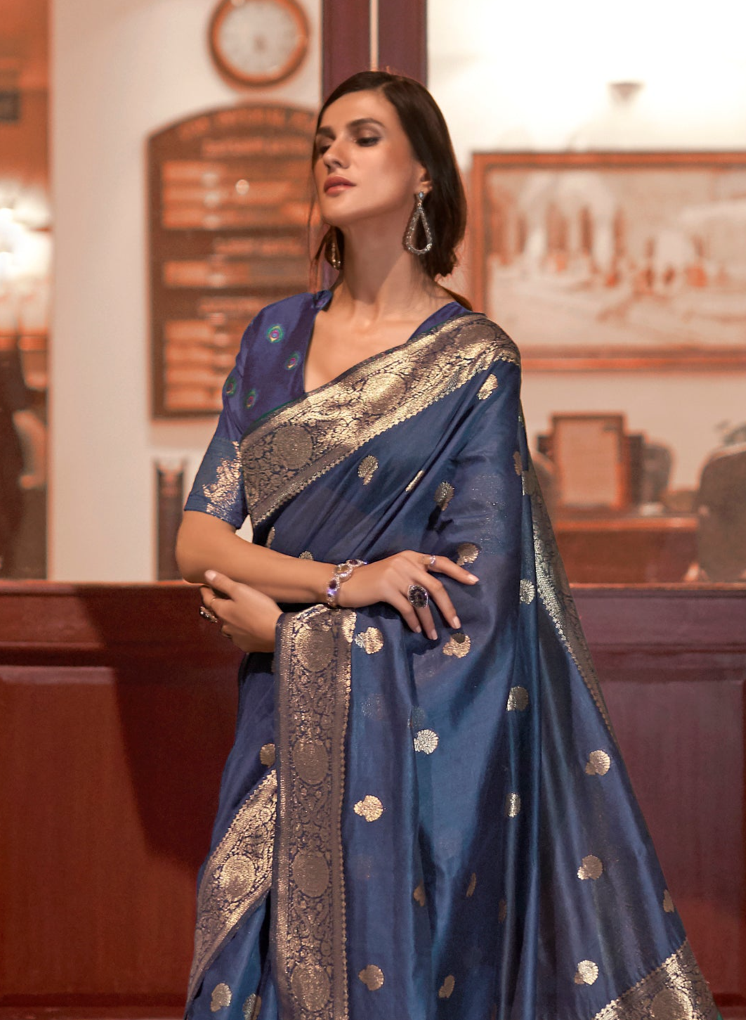 Exquisite Navy Blue Zari Woven Banarasi Silk Saree with Peacock Pallu