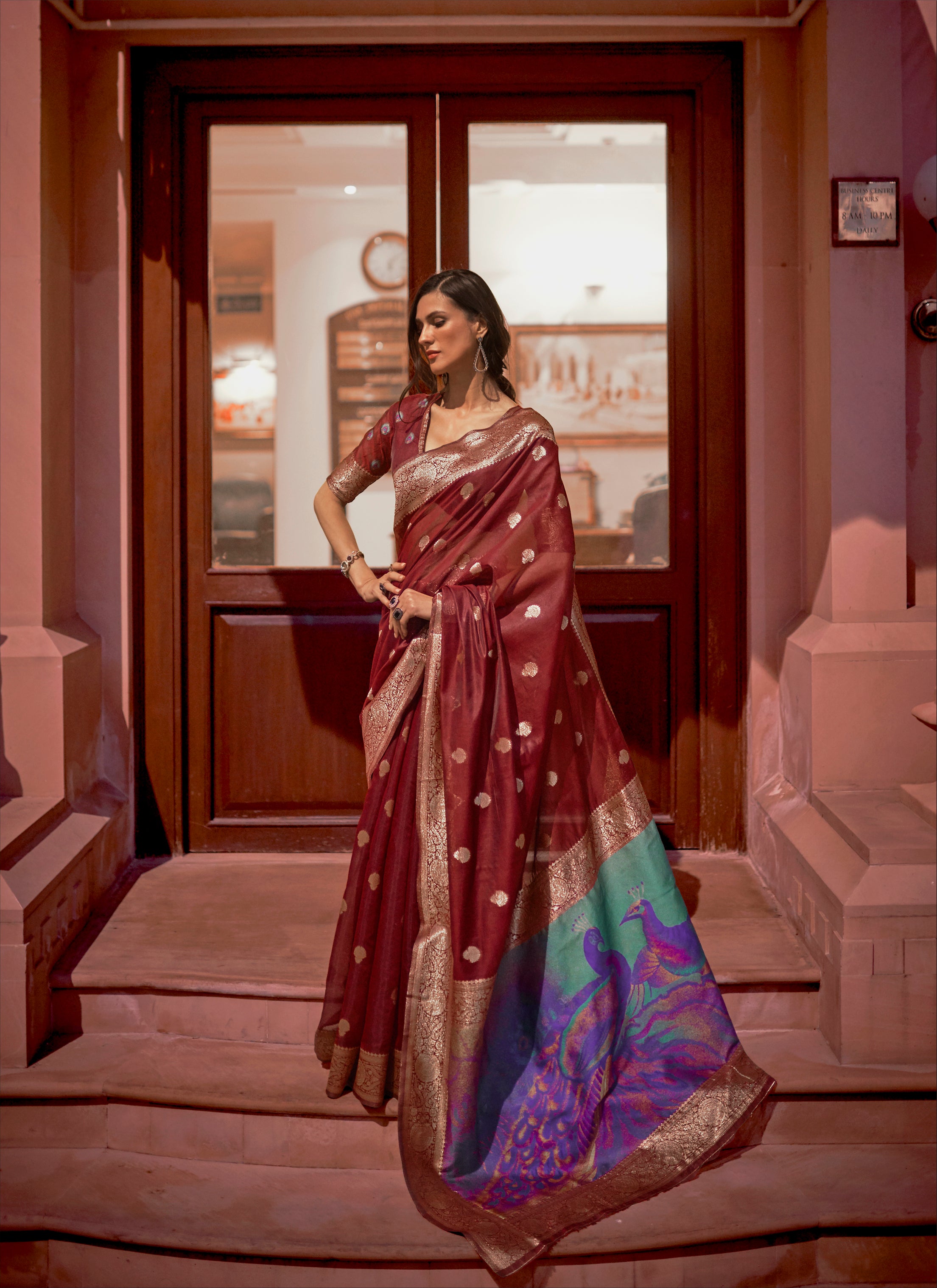 Maroon Zari Woven Banarasi Silk Saree with Peacock Pallu