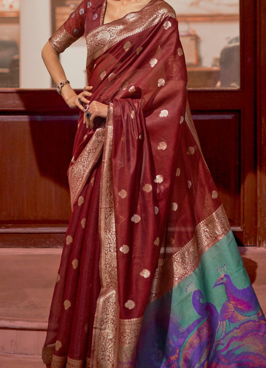 Maroon Zari Woven Banarasi Silk Saree with Peacock Pallu