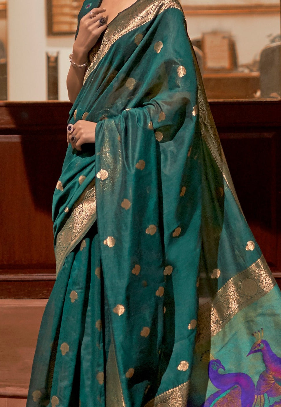 Regal Green Zari Woven Banarasi Silk Saree with Peacock Pallu