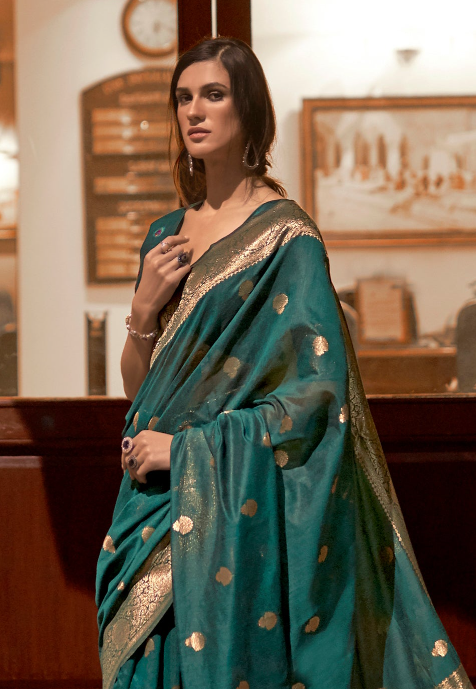 Regal Green Zari Woven Banarasi Silk Saree with Peacock Pallu