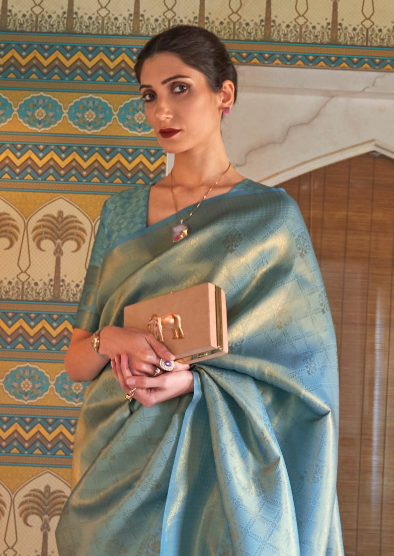 Blue Slate Zari Woven Kanjivaram Saree