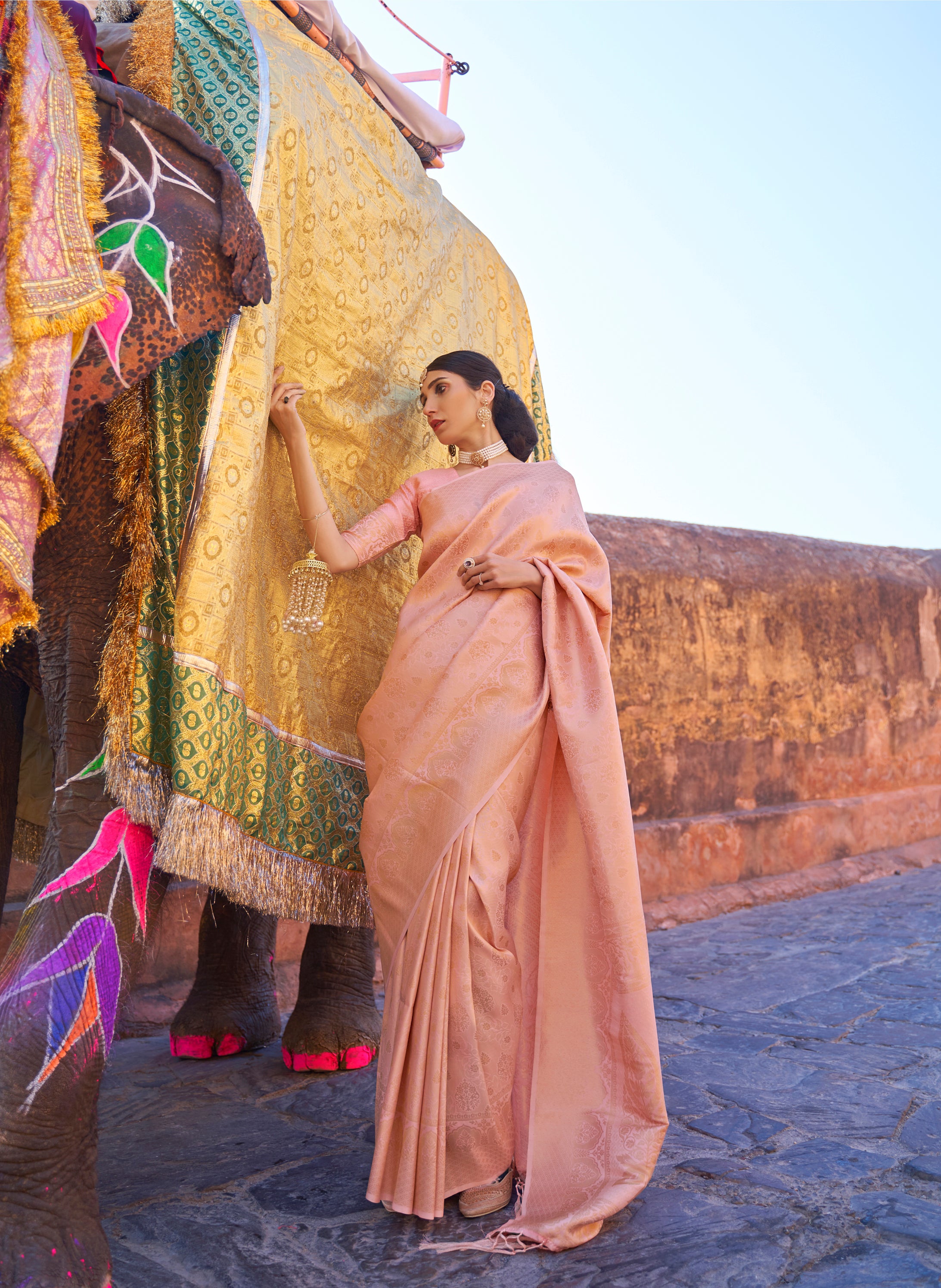 Peach Blossom Gold Zari Kanjivaram Saree