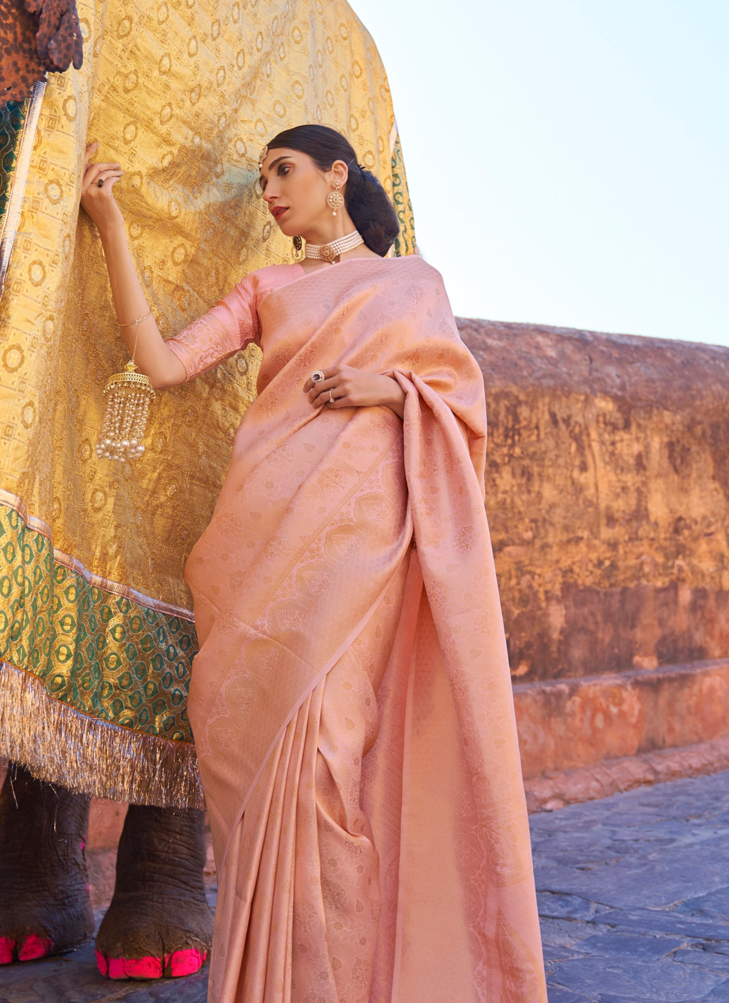 Peach Blossom Gold Zari Kanjivaram Saree