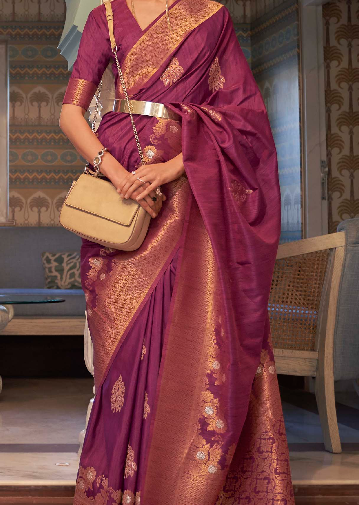 Radiant Dark Burgundy Zari Woven Tussar Silk Saree