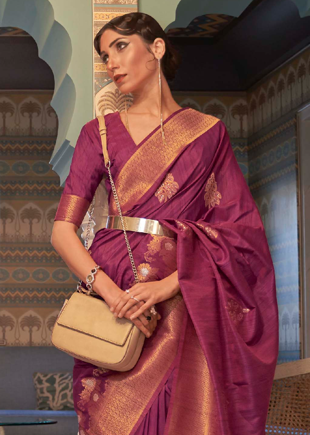 Radiant Dark Burgundy Zari Woven Tussar Silk Saree