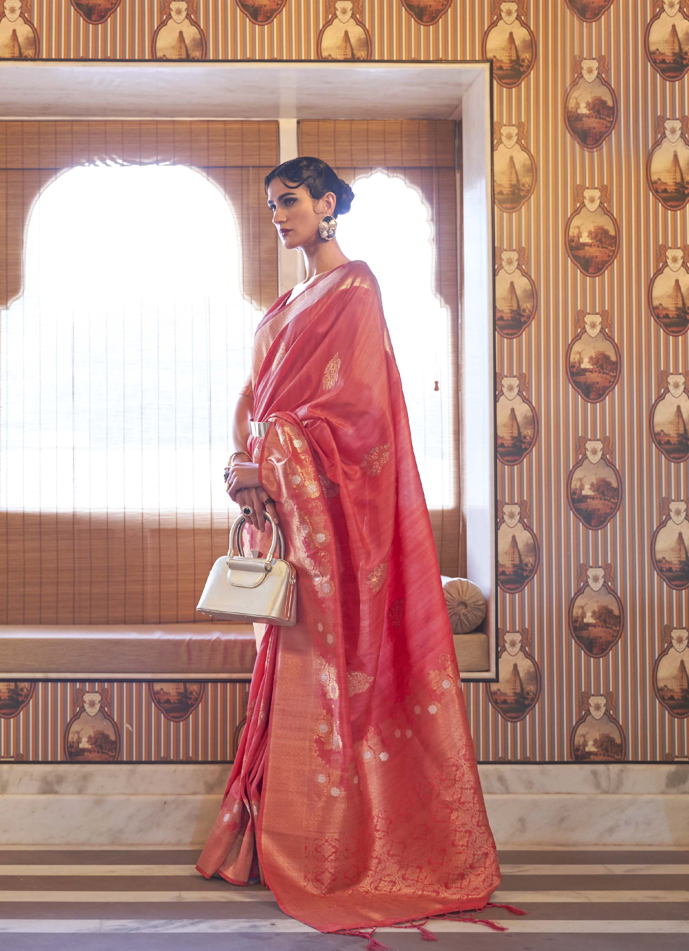 Elegant Crimson Zari Woven Tussar Silk Saree