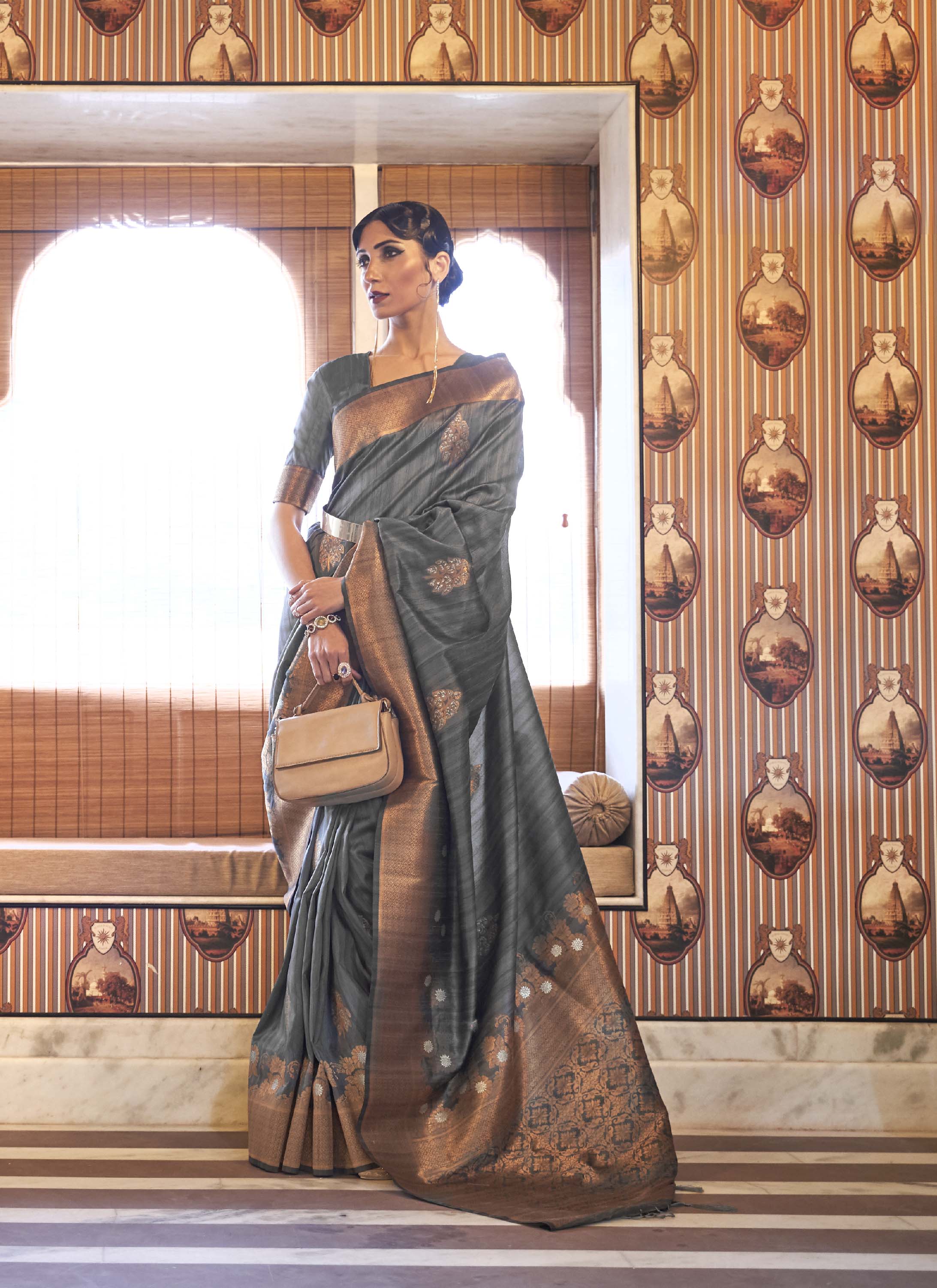 Charcoal Grey Zari Woven Tussar Silk Saree