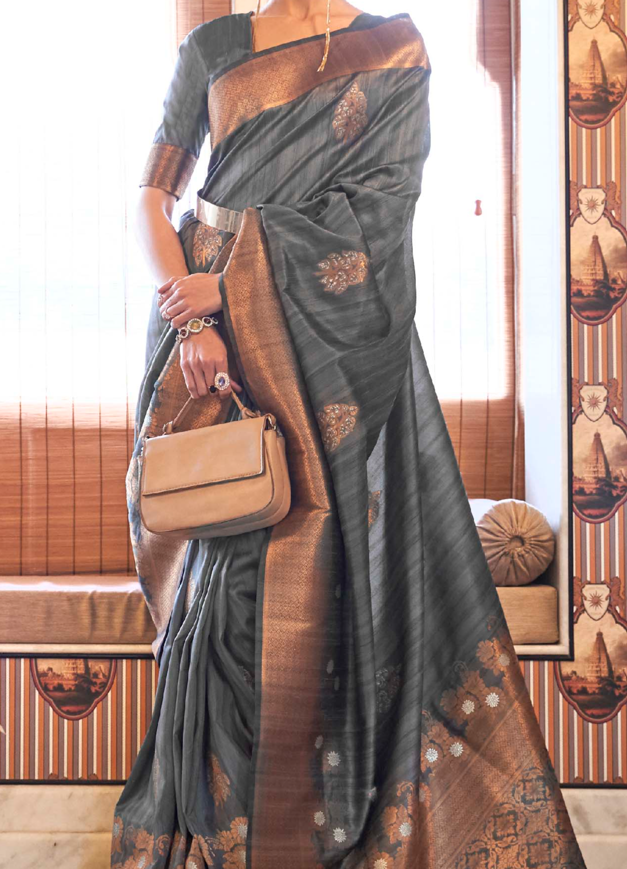 Charcoal Grey Zari Woven Tussar Silk Saree