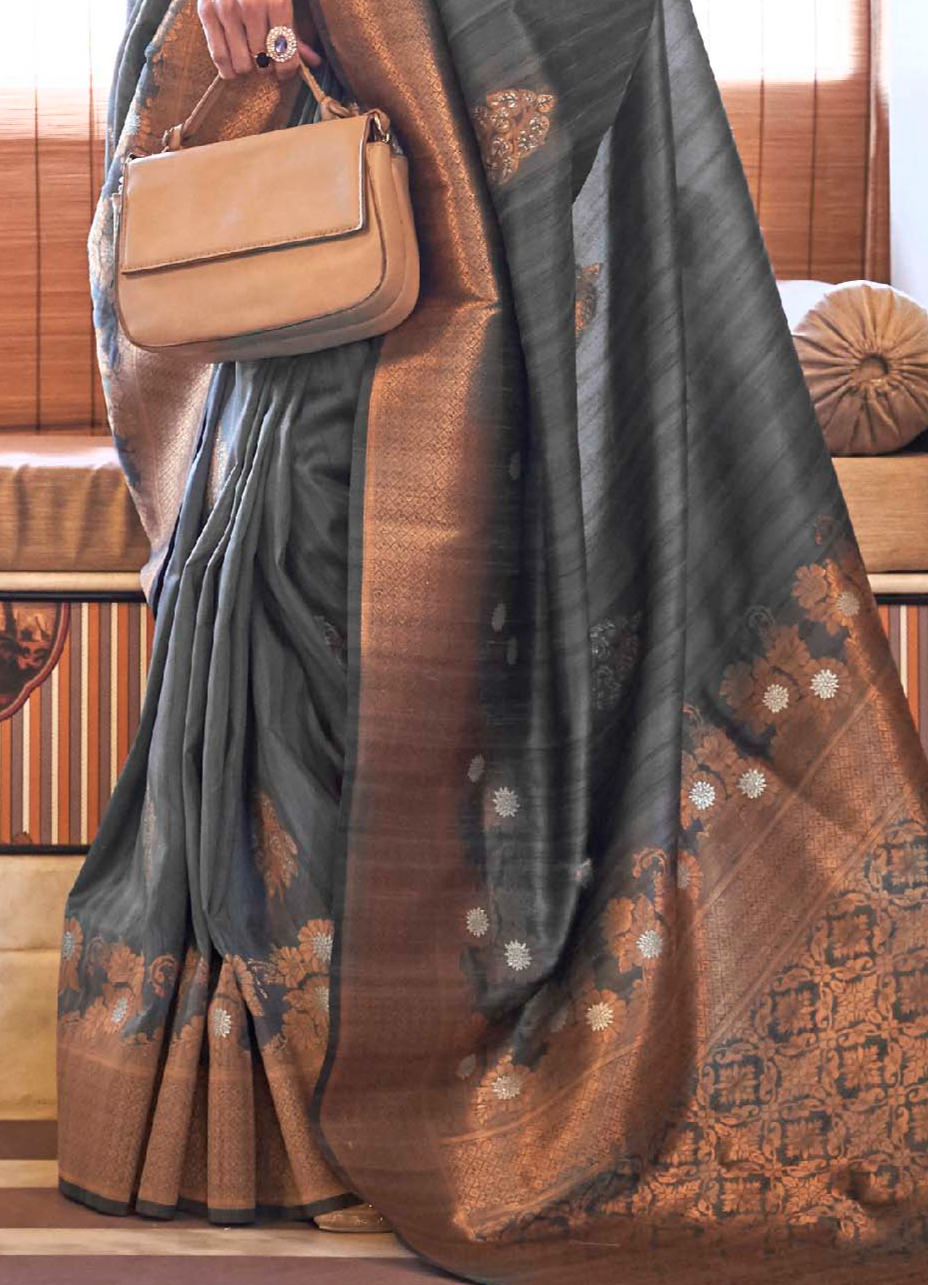 Charcoal Grey Zari Woven Tussar Silk Saree