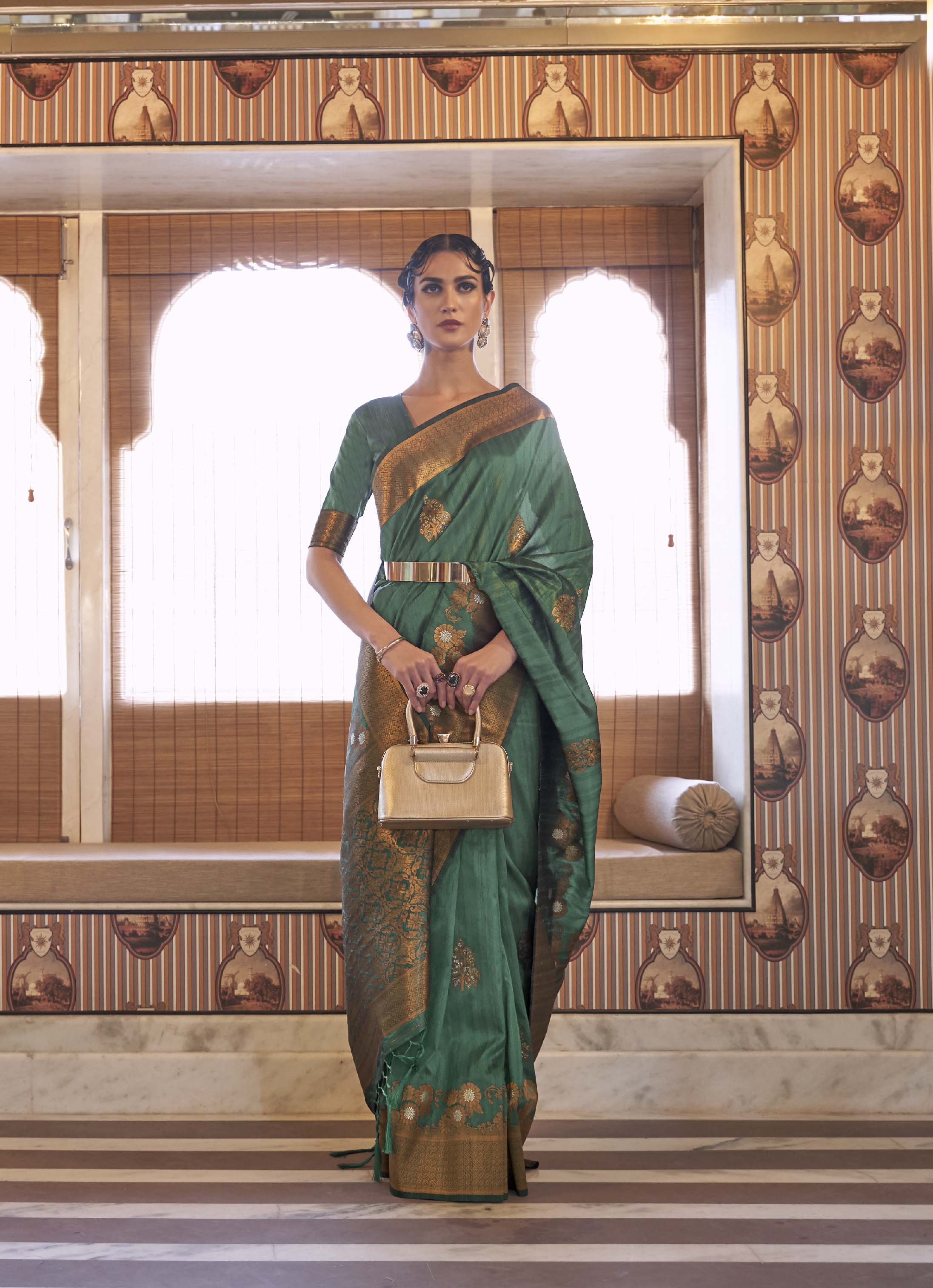 Moss Green Zari Woven Tussar Silk Saree