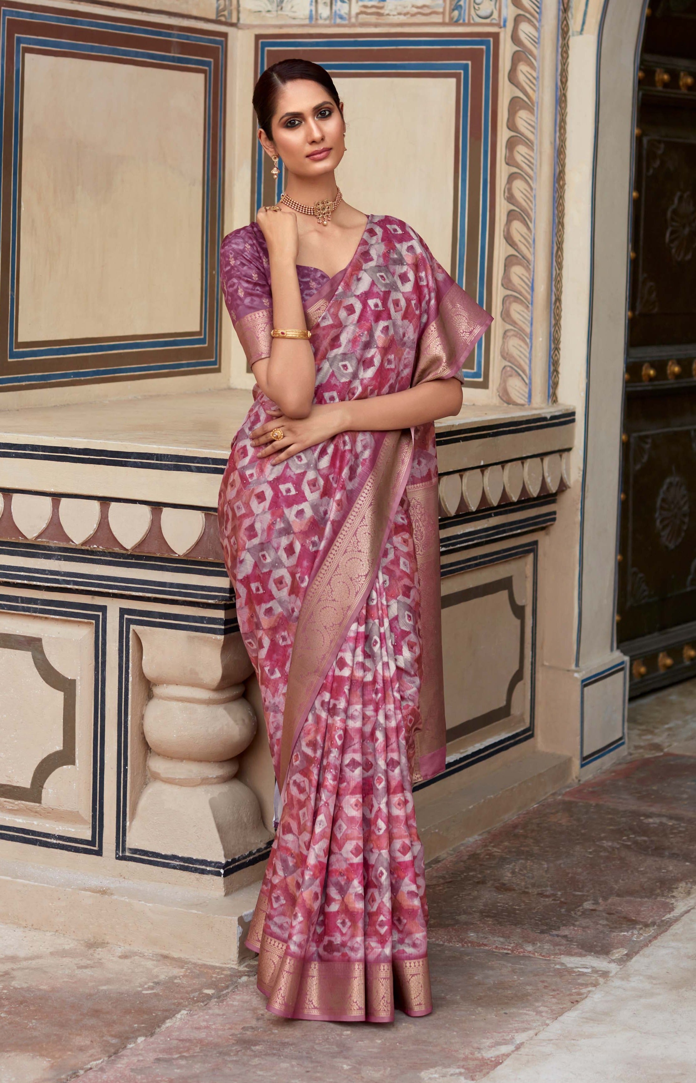 Boysenberry Purple Banarasi Printed Silk Saree