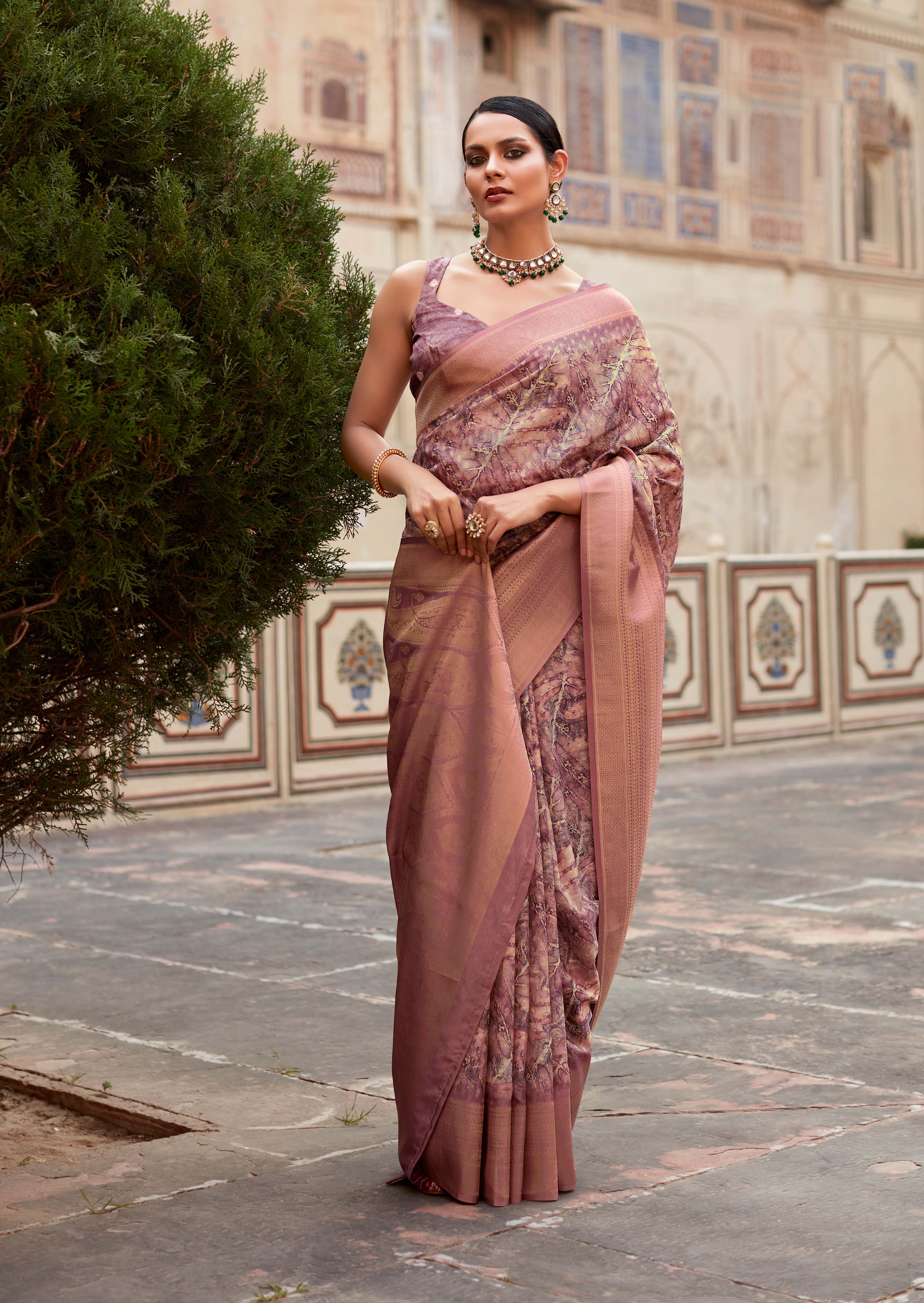 Elegant Spicy Mix Purple Banarasi Digital Printed Silk Saree