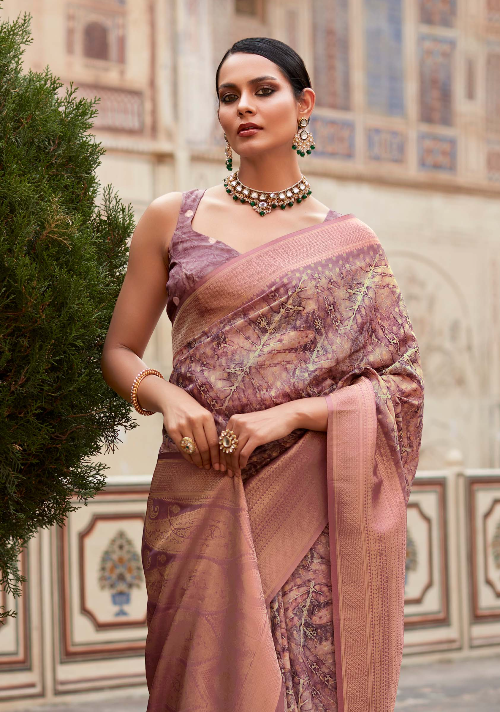 Elegant Spicy Mix Purple Banarasi Digital Printed Silk Saree