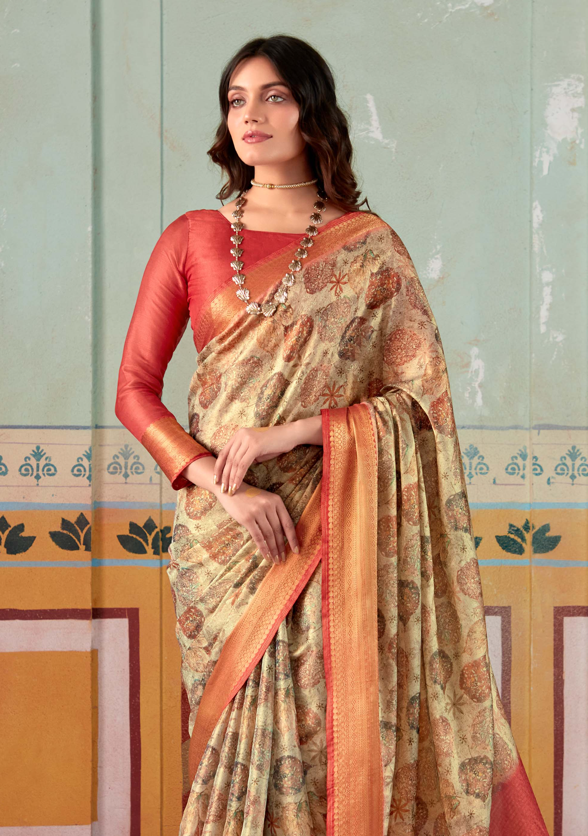 Exquisite Mongoose Brown and Red Banarasi Tissue Silk Saree