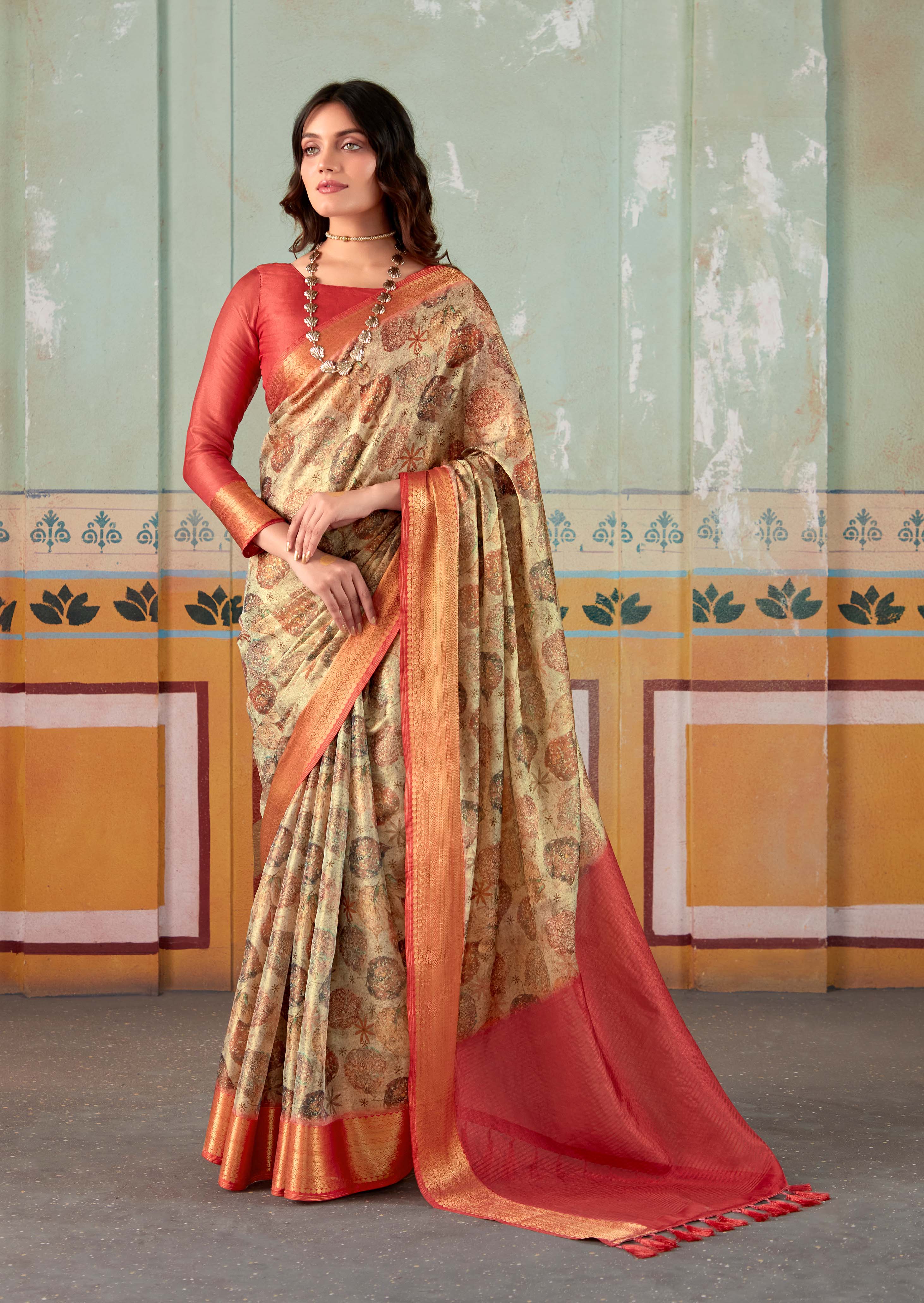 Exquisite Mongoose Brown and Red Banarasi Tissue Silk Saree