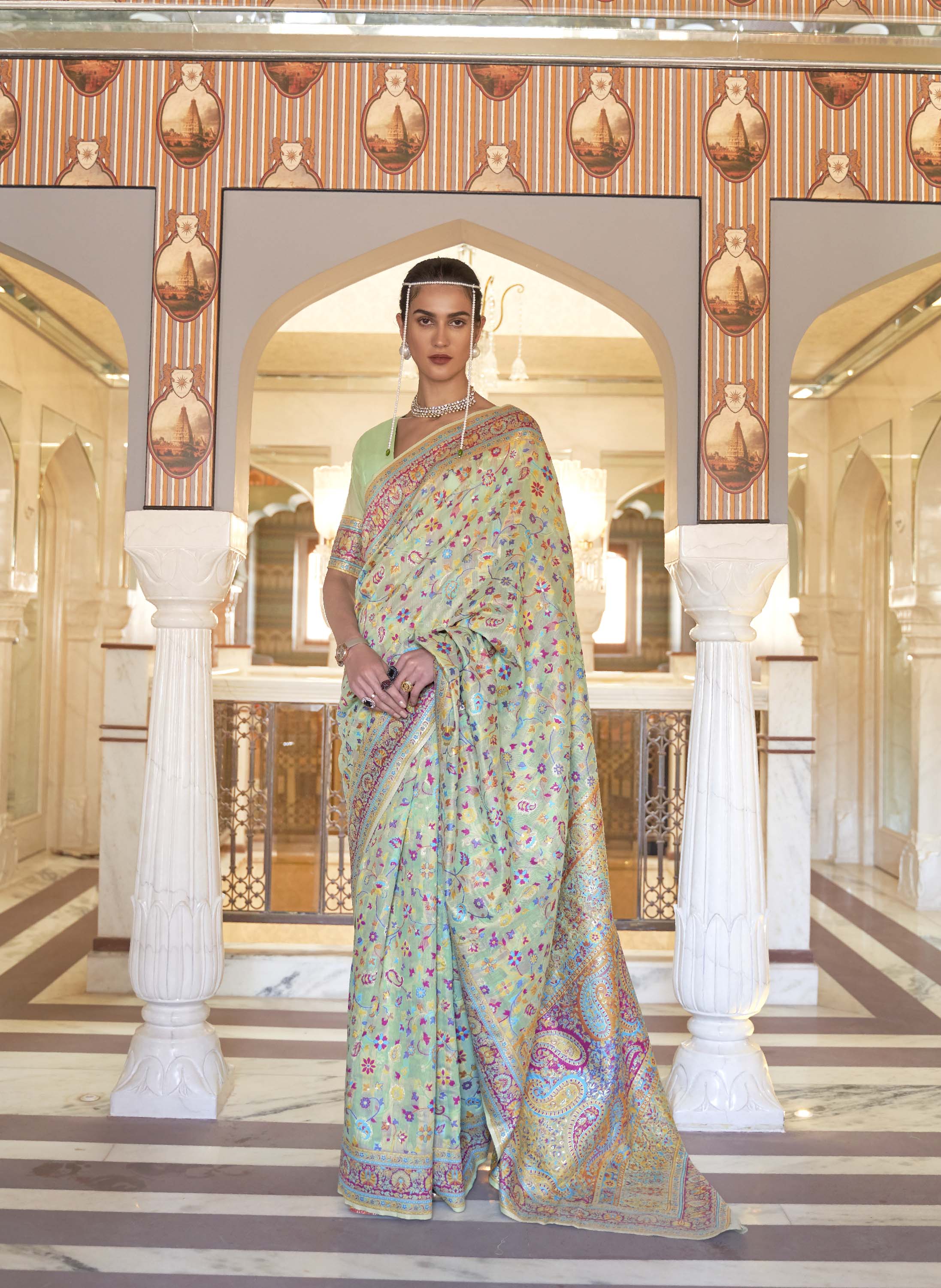 Mint Pista Green Banarasi Jamawar Woven Silk Saree