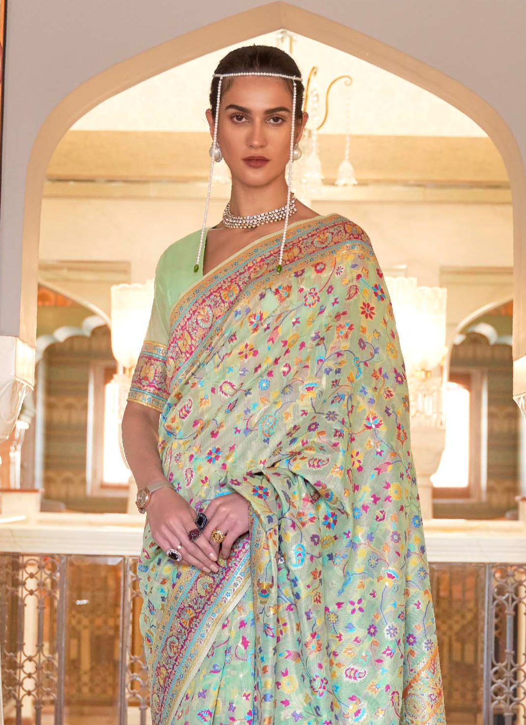 Mint Pista Green Banarasi Jamawar Woven Silk Saree