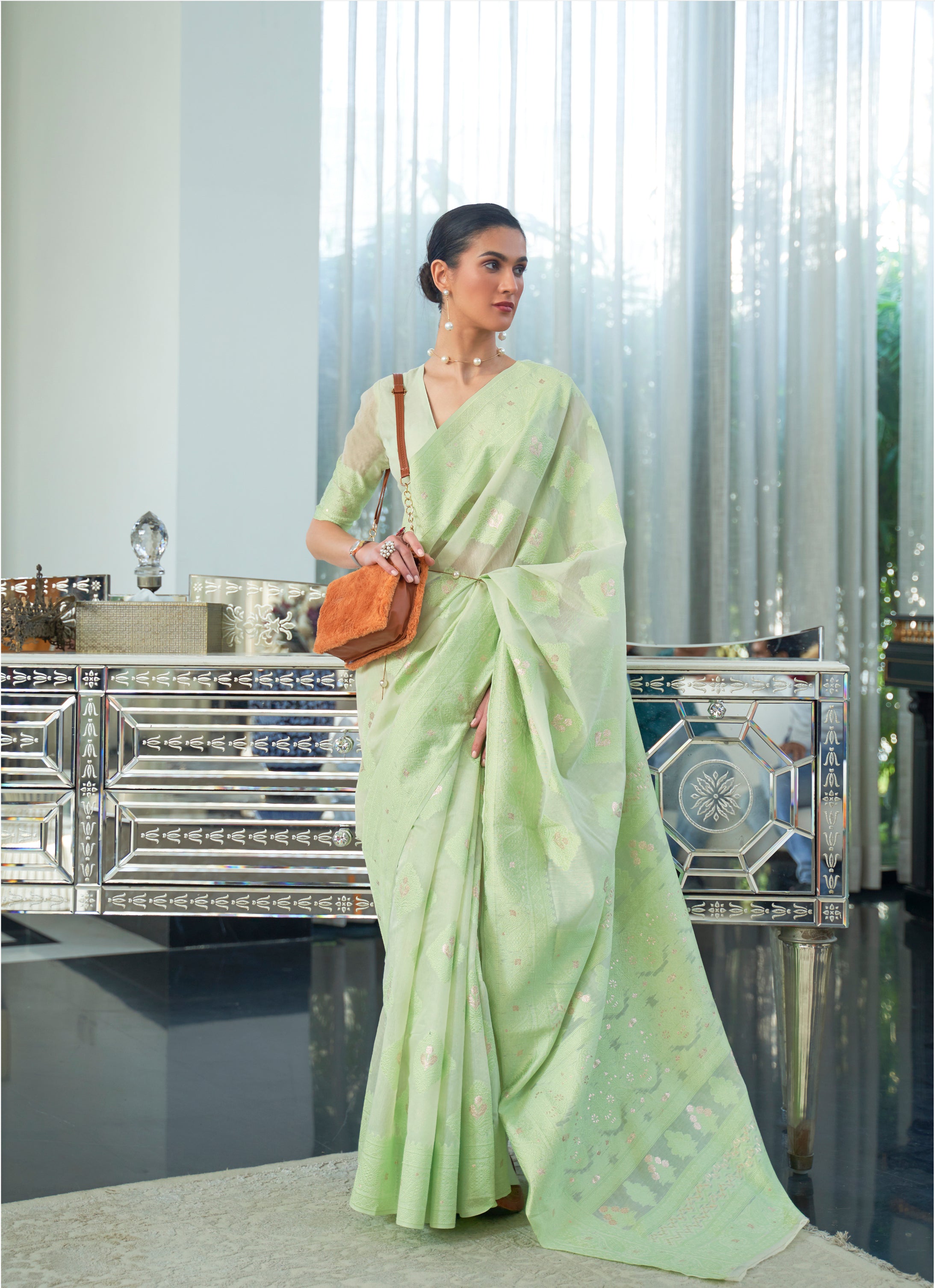 Opulent Pale Green Lucknowi Chikankari Woven Silk Saree