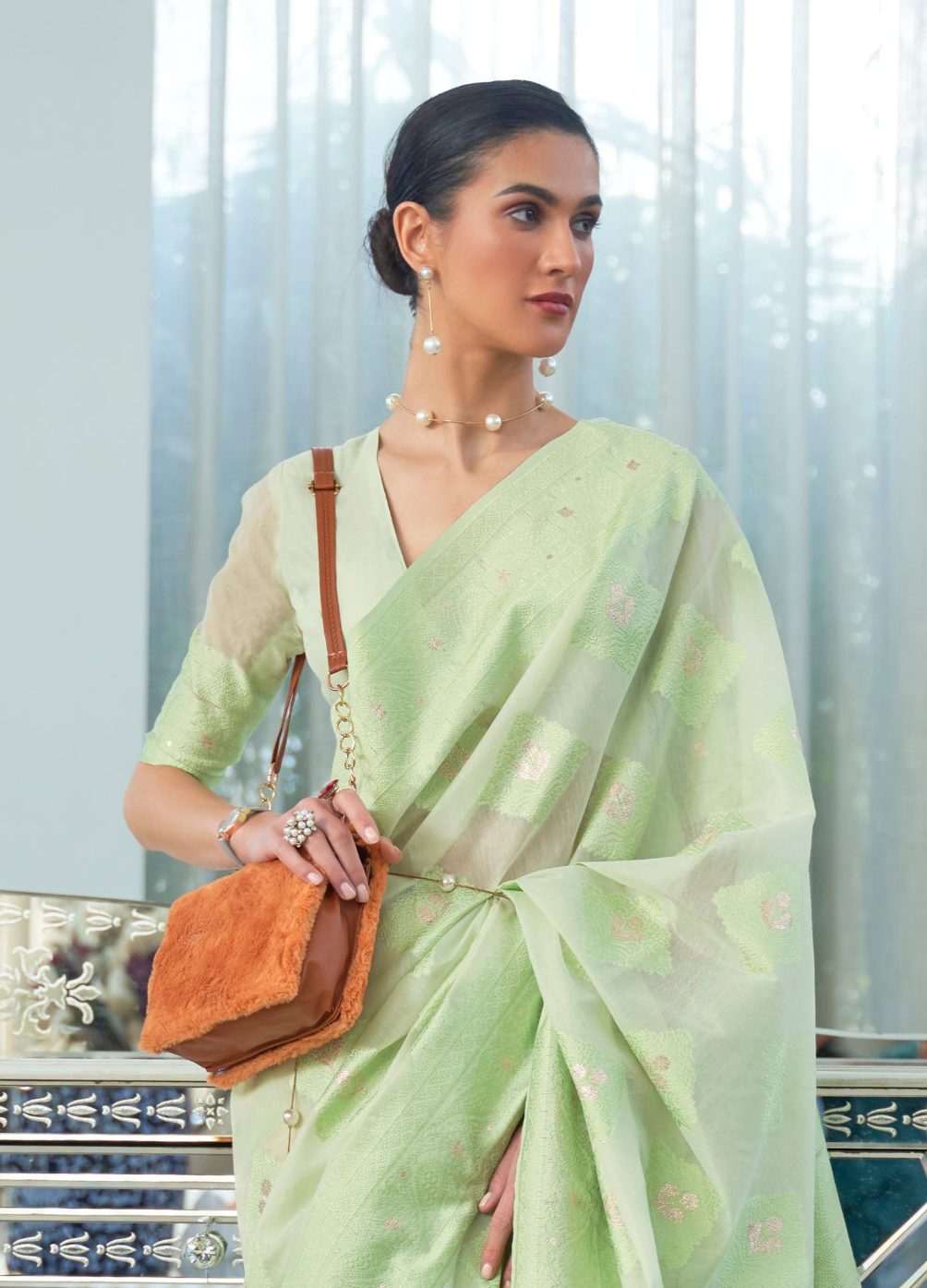 Opulent Pale Green Lucknowi Chikankari Woven Silk Saree