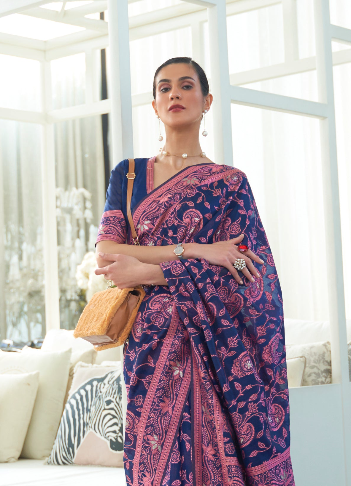 Impeccable Pink & Navy Blue Lucknowi Chikankari Woven Silk Saree