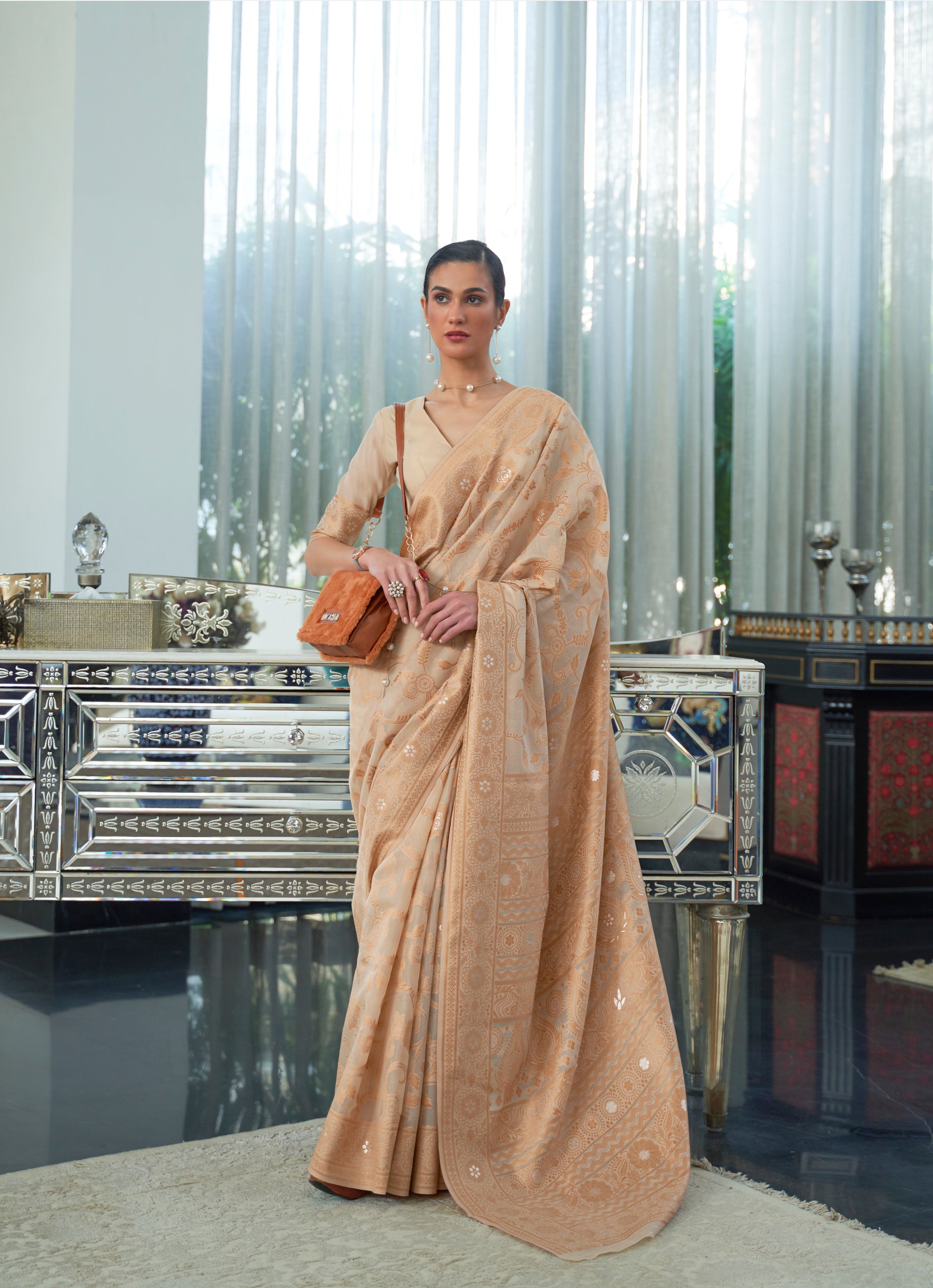 Pristine Tan Lucknowi Chikankari Woven Silk Saree