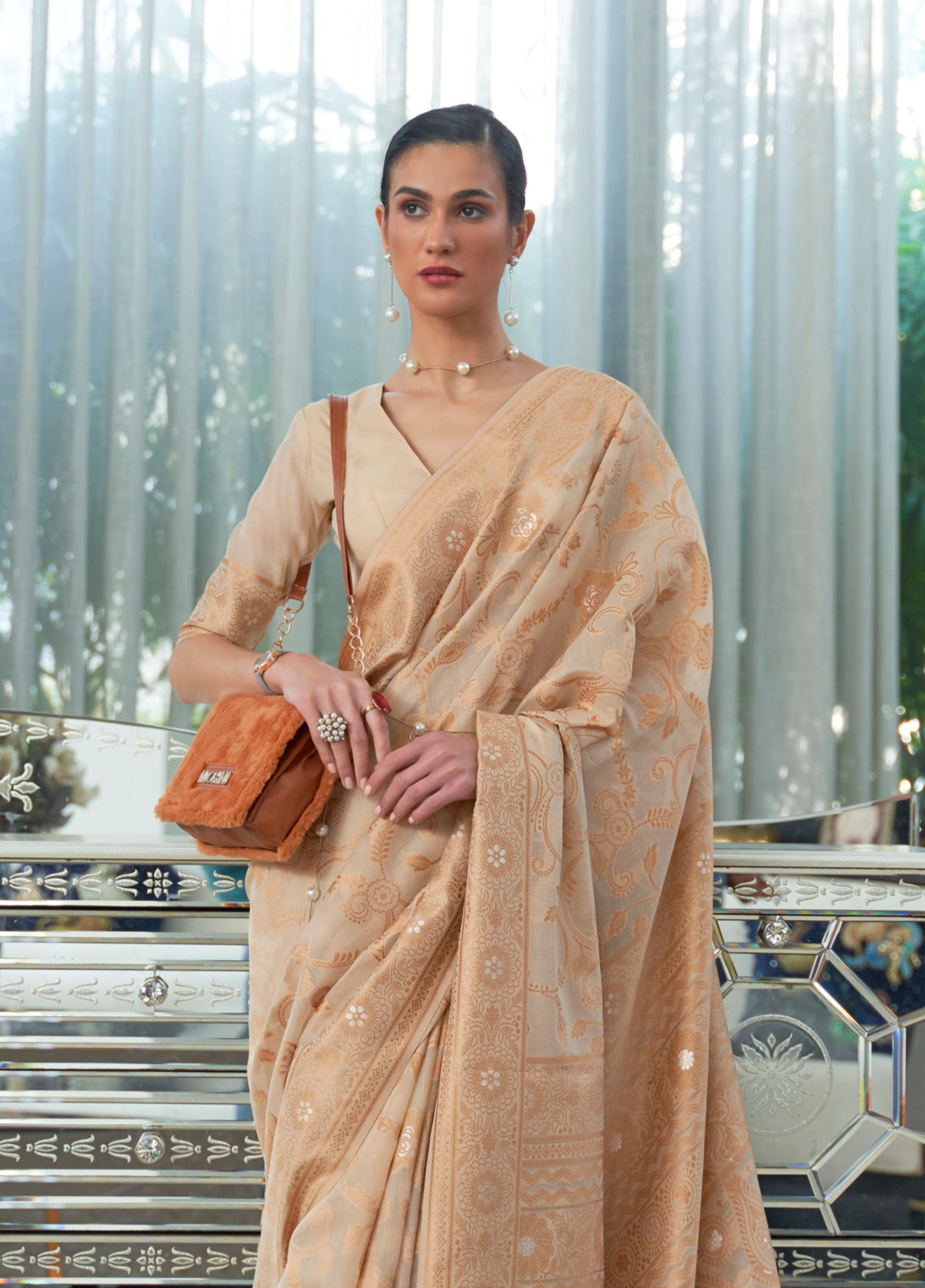 Pristine Tan Lucknowi Chikankari Woven Silk Saree