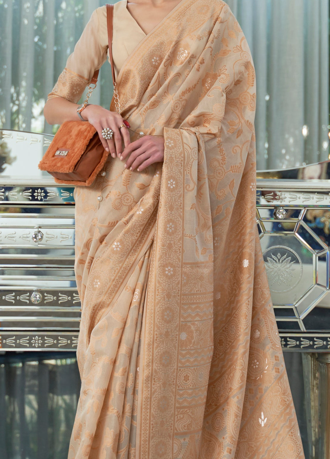 Pristine Tan Lucknowi Chikankari Woven Silk Saree