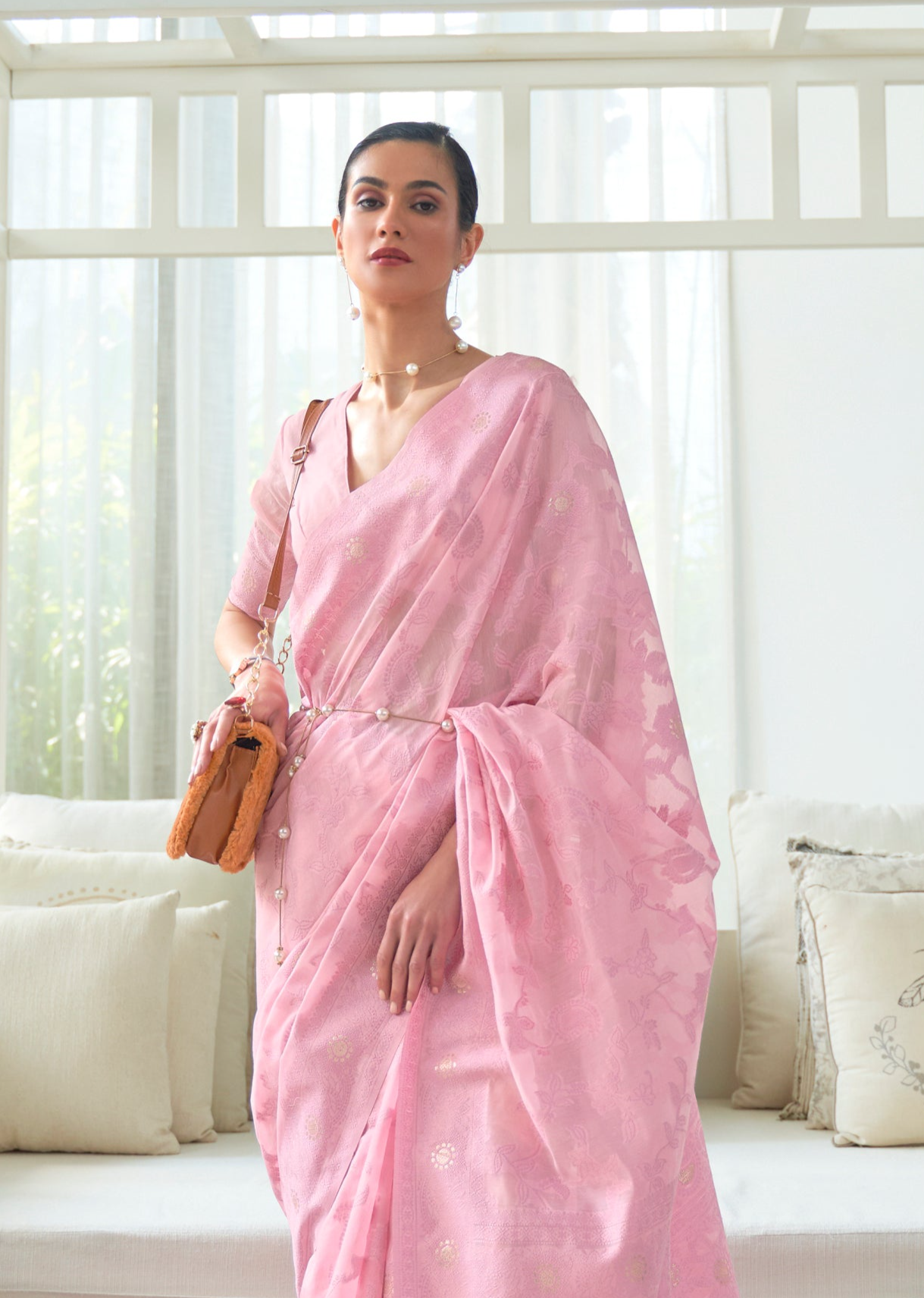 Majestic Pink Lucknowi Chikankari Woven Silk Saree