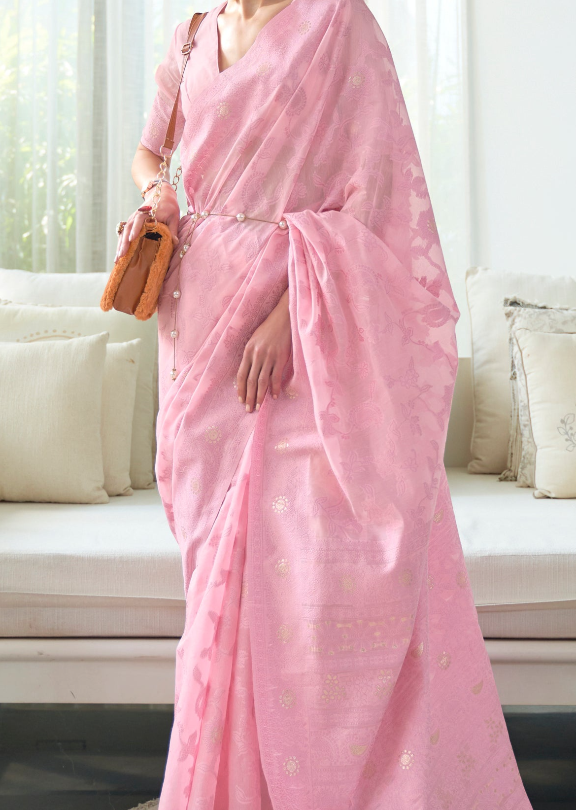 Majestic Pink Lucknowi Chikankari Woven Silk Saree