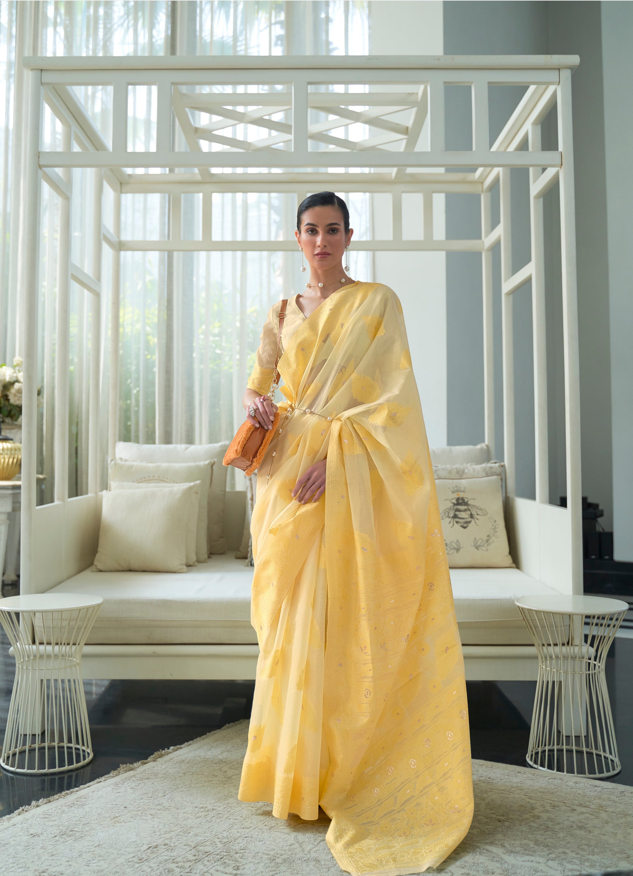 Exquisite Yellow Lucknowi Chikankari Woven Silk Saree