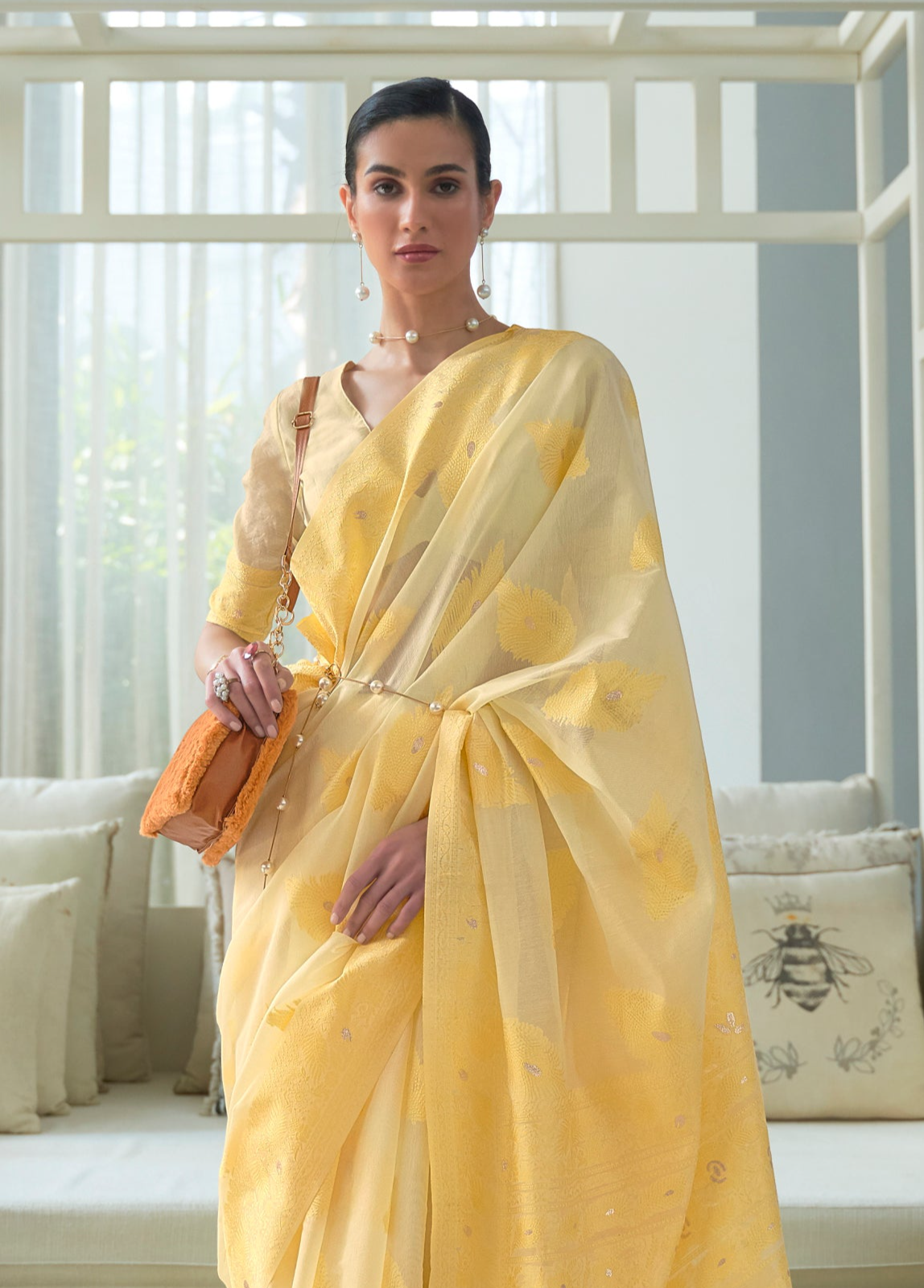 Exquisite Yellow Lucknowi Chikankari Woven Silk Saree