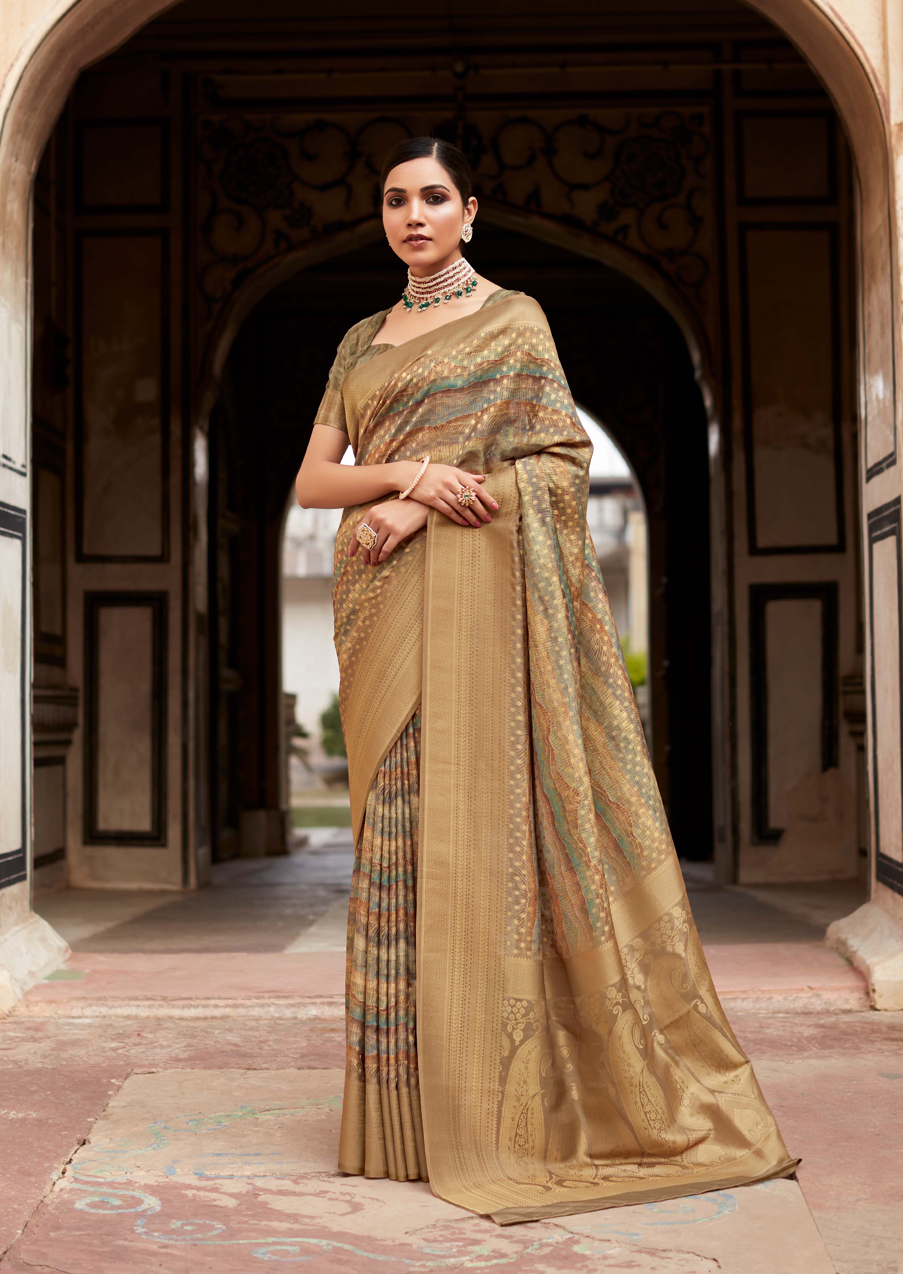 Exquisite Vintage Brown Banarasi Digital Printed Silk Saree