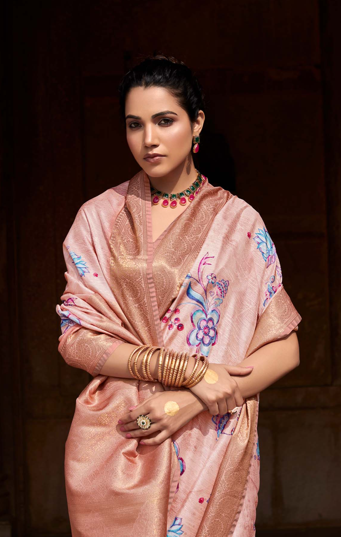 Comely Beige Digital Printed Soft Silk Saree