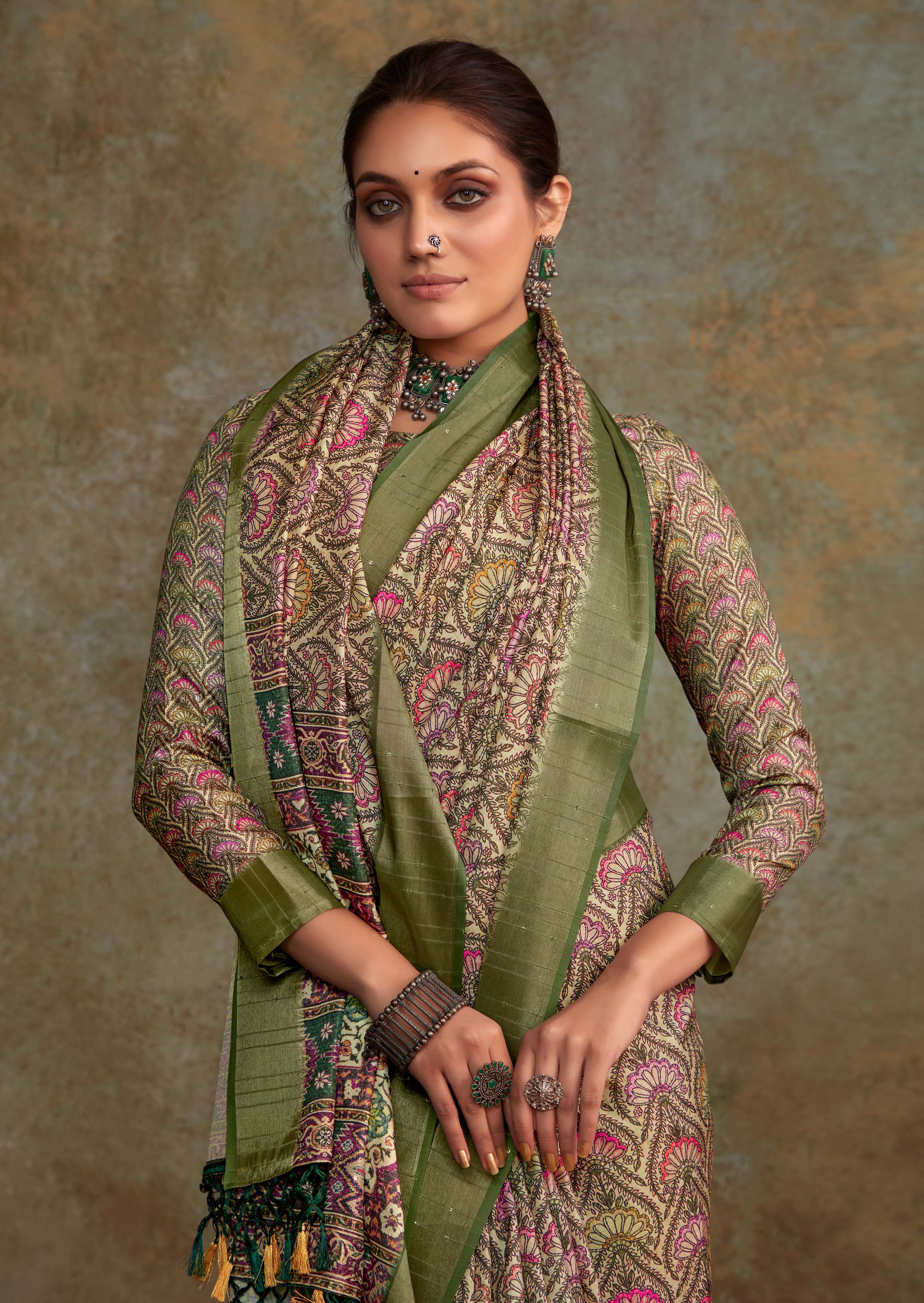 Elegant Olive Green Banarasi Digital Printed Saree