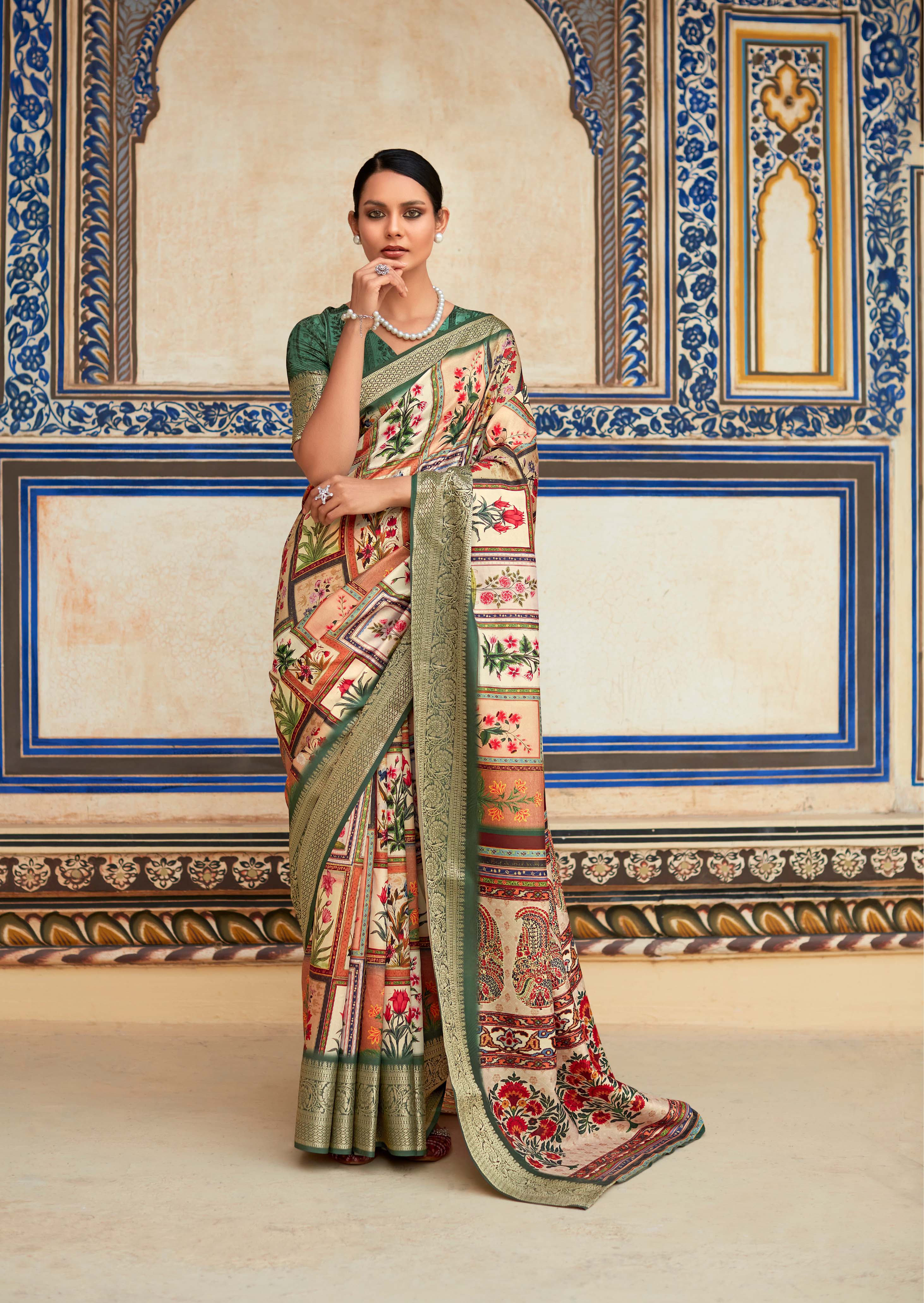 Turquoise Green and Cream Banarasi Printed Silk Saree