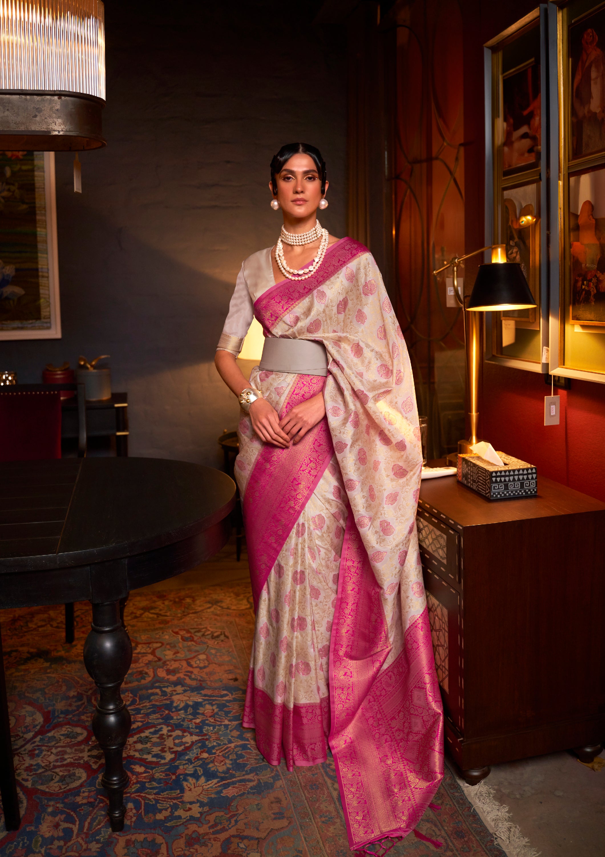 Stunning Pink Woven Banarasi Soft Silk Saree