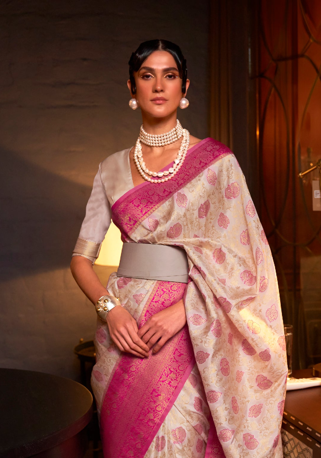 Stunning Pink Woven Banarasi Soft Silk Saree