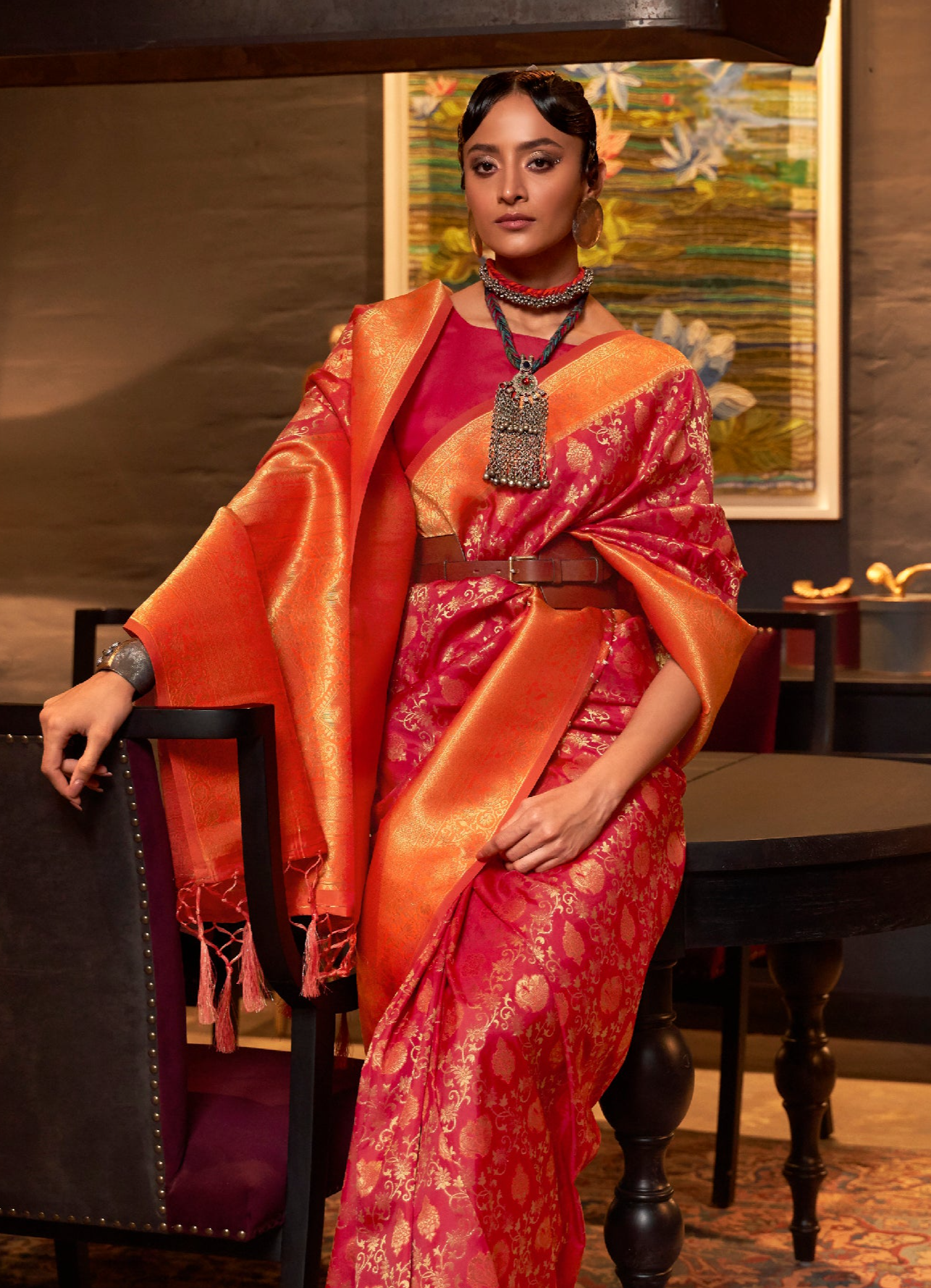 Dazzling Orange and Red Woven Banarasi Soft Silk Saree