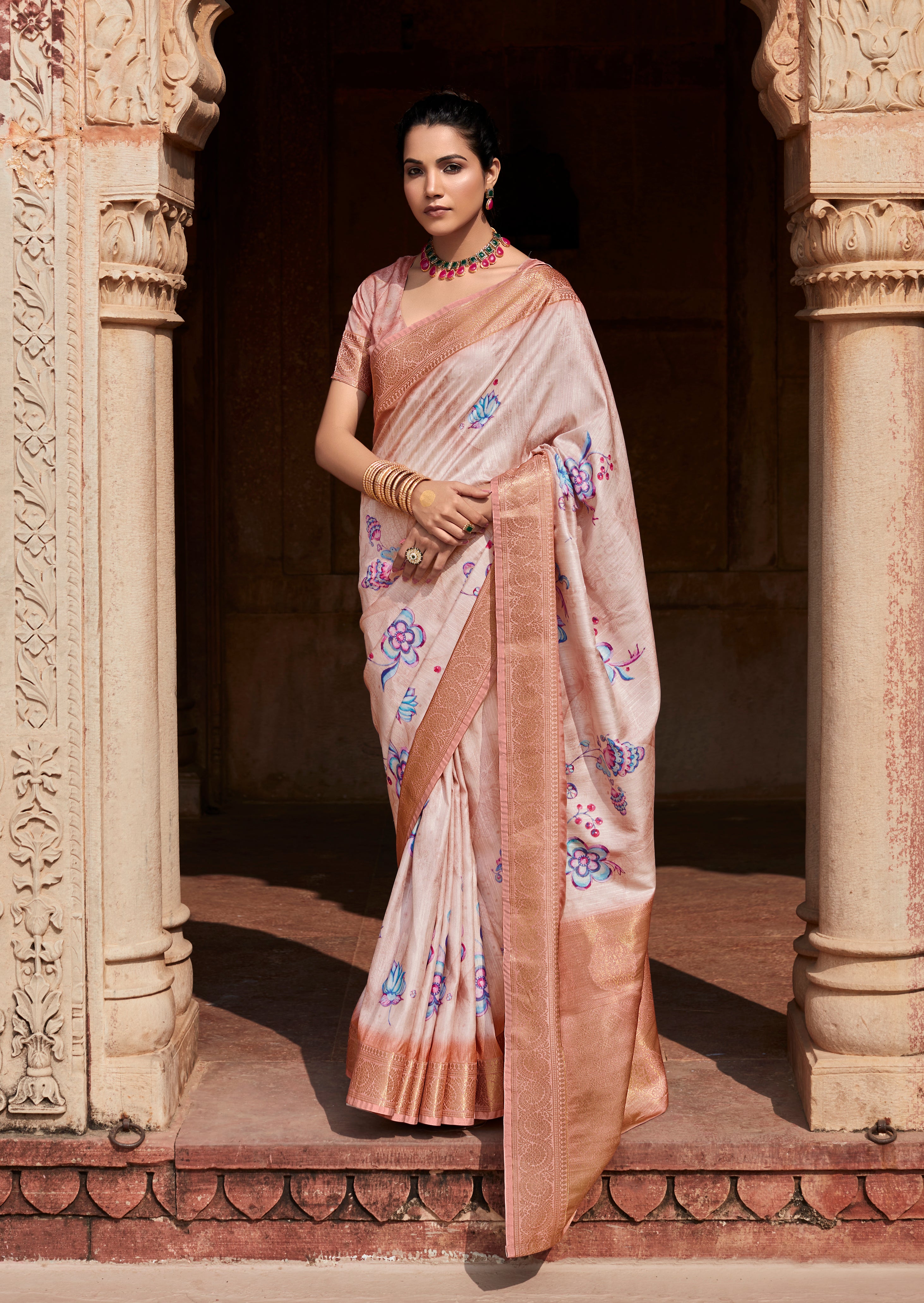 Comely Beige Digital Printed Soft Silk Saree