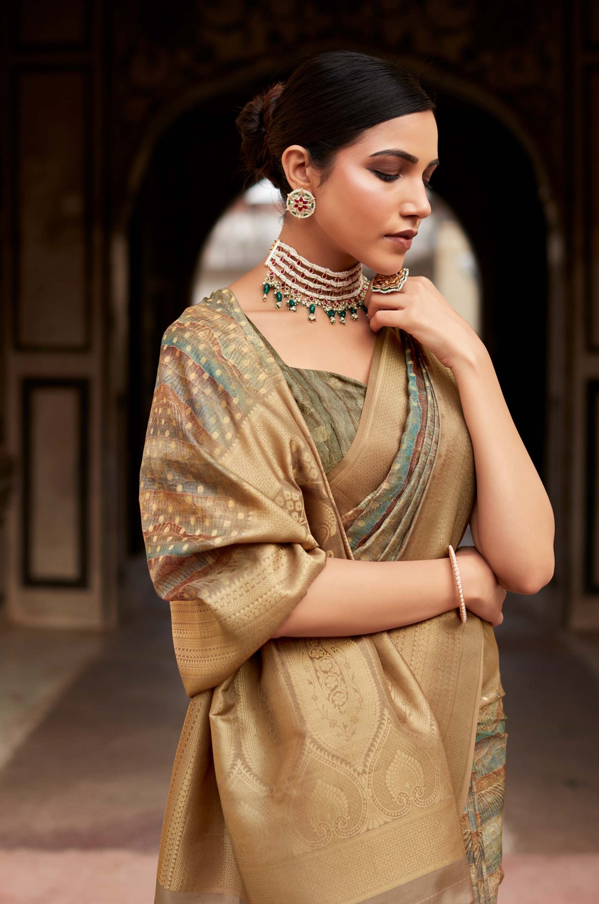 Exquisite Vintage Brown Banarasi Digital Printed Silk Saree