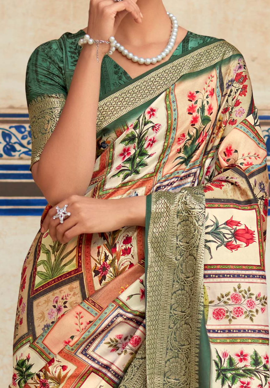 Turquoise Green and Cream Banarasi Printed Silk Saree