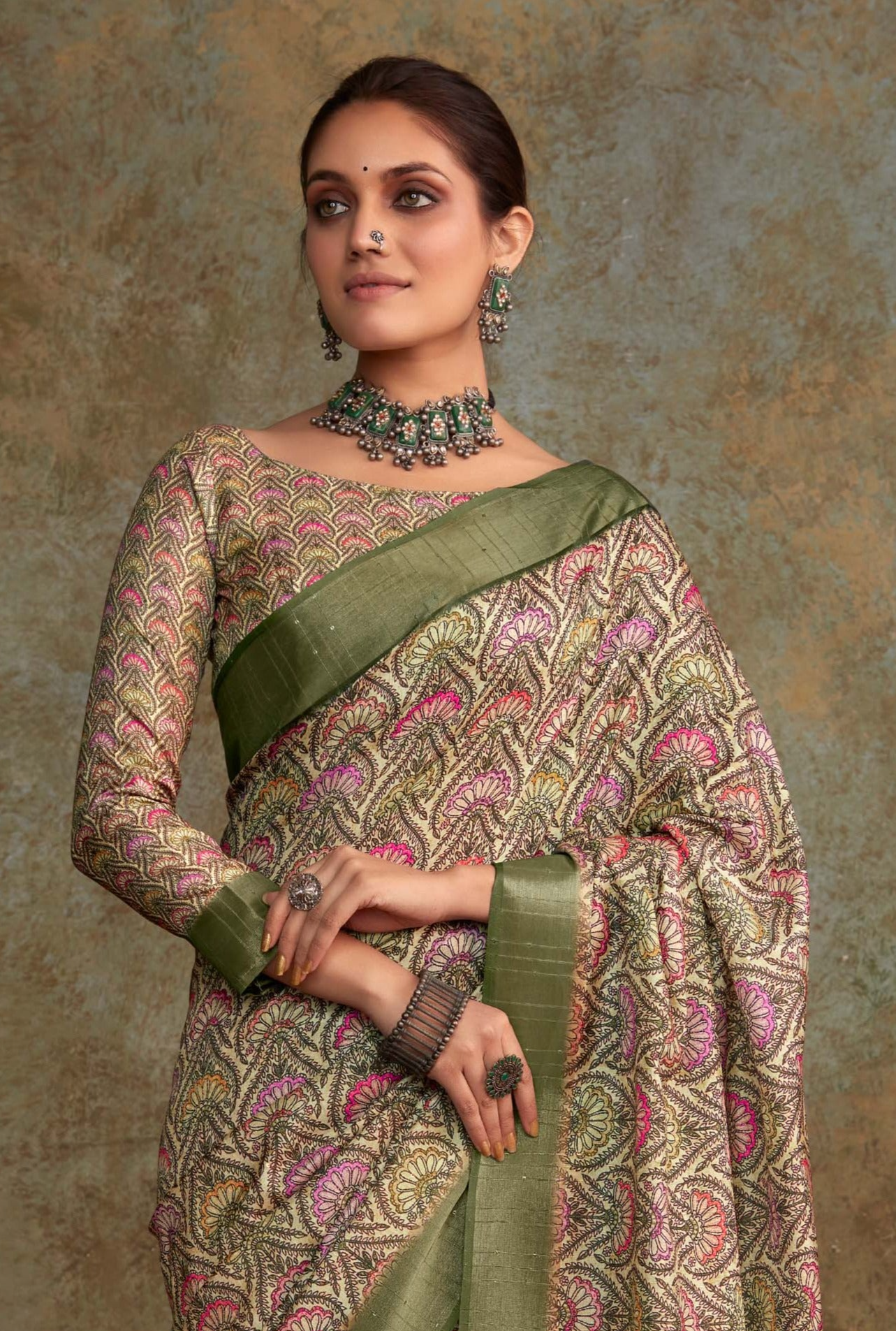 Elegant Olive Green Banarasi Digital Printed Saree