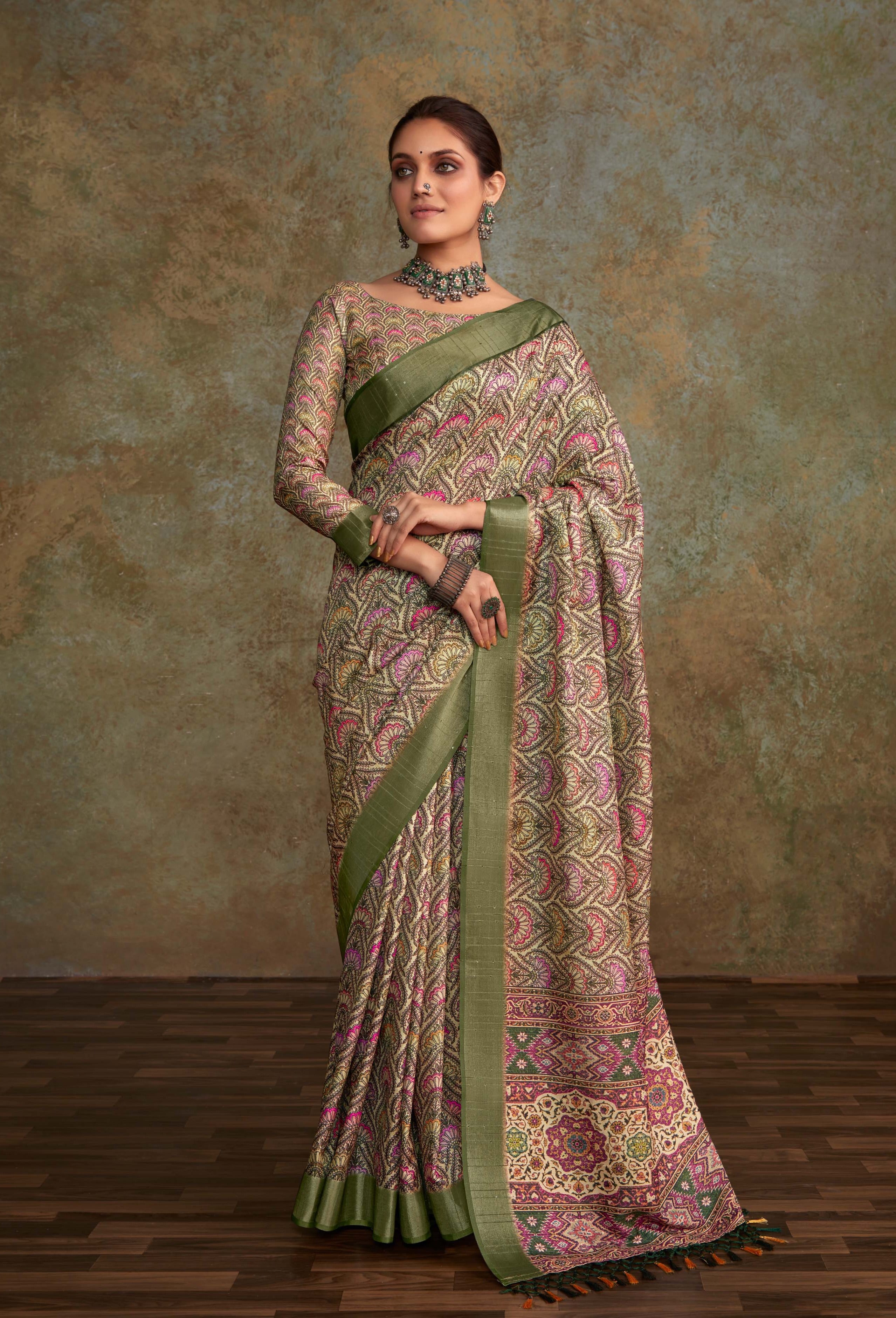 Elegant Olive Green Banarasi Digital Printed Saree