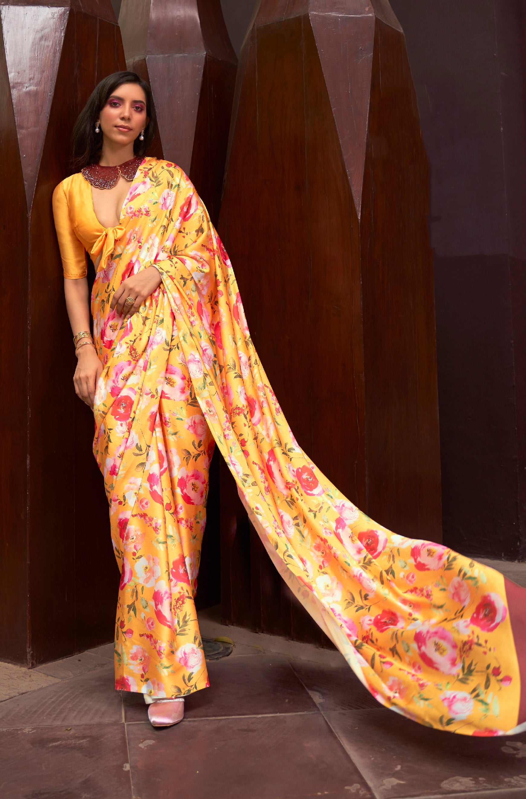 Radiant Glow Orange Floral Printed Satin Silk Saree